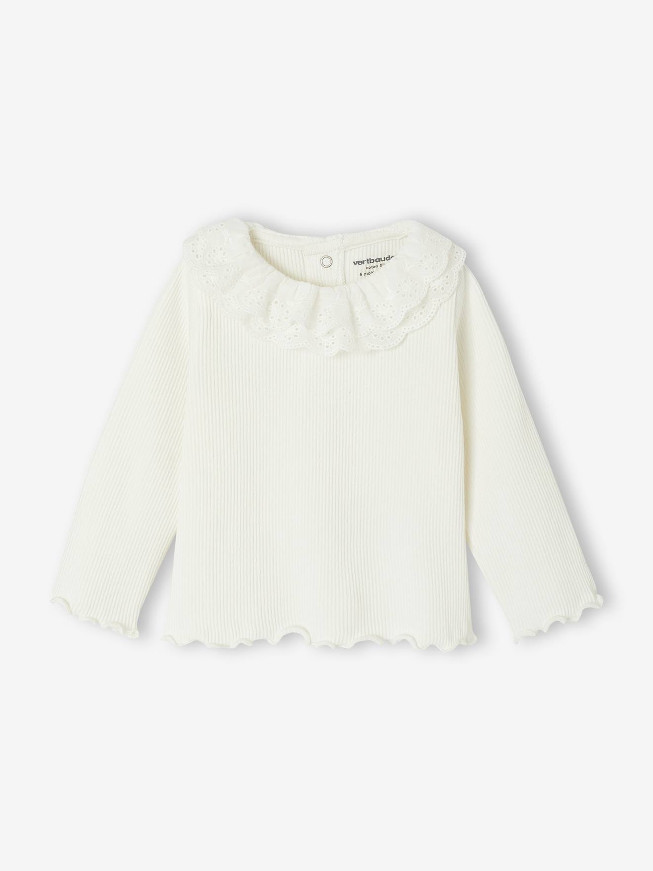 T-shirt baby met lange mouwen en geborduurde kraag ecru afbeelding