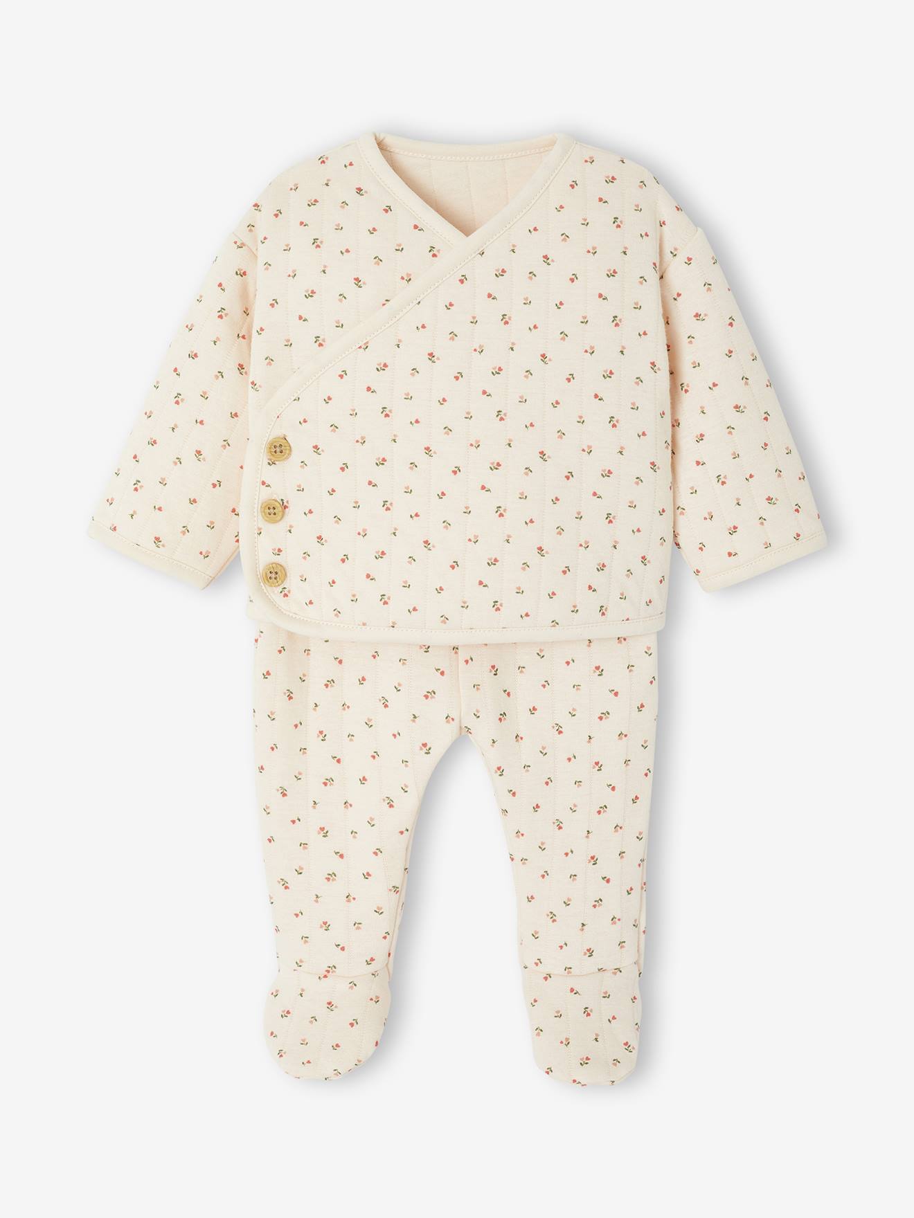 Gewatteerde set vest + broek met voetjes volledig bedrukt rozen afbeelding