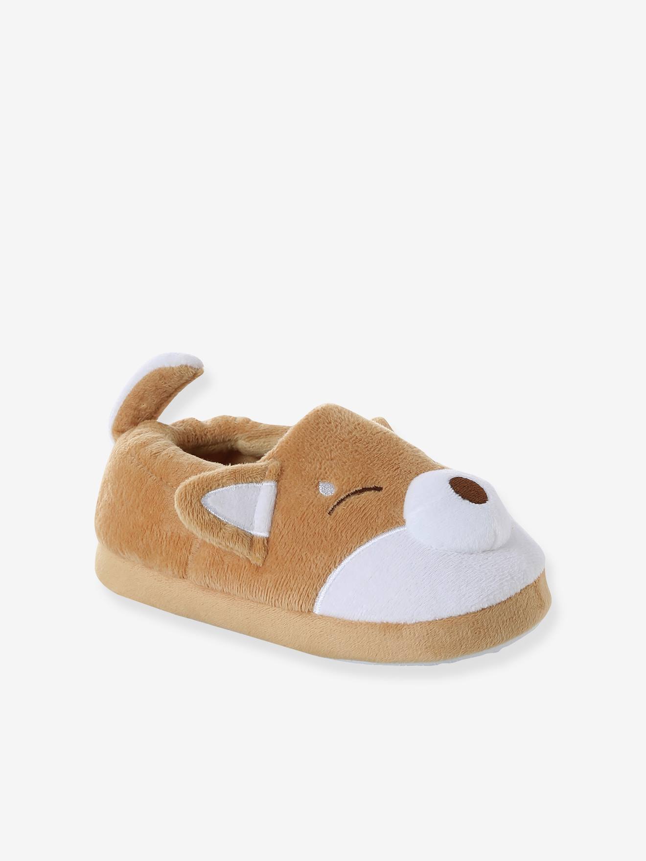 Sloffen met shiba-knuffellook voor kinderen beige afbeelding