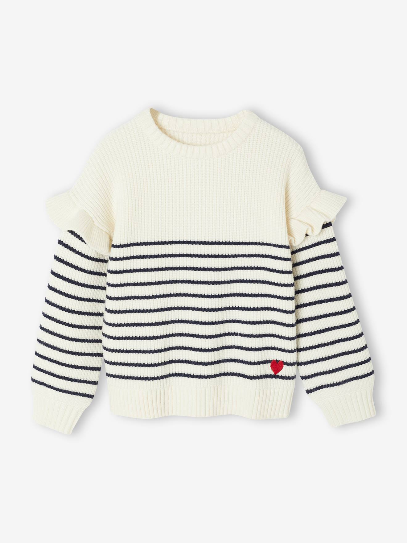 Trui met ruches aan de mouwen meisjes marineblauw, gestreept afbeelding