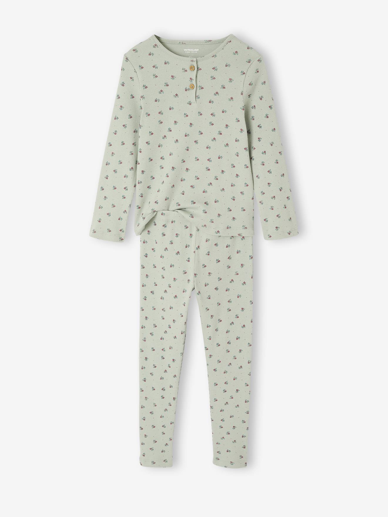 Pyjama in ribstof met tuniekkraag en bloemenmotieven saliegroen afbeelding
