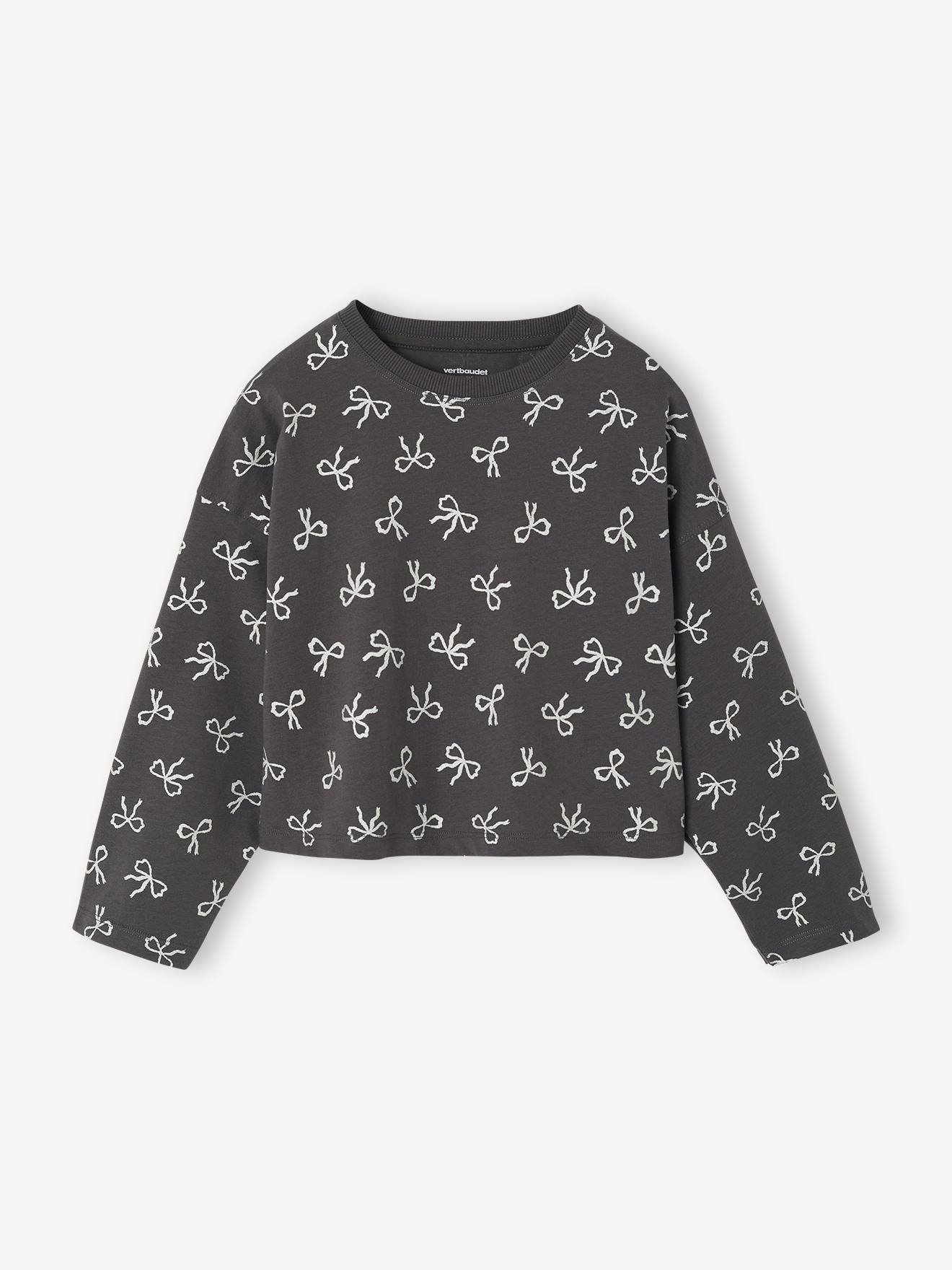 T-shirt crop top voor meisjes met lange mouwen antraciet afbeelding