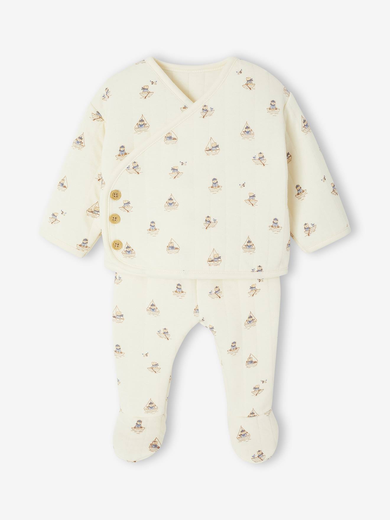 Gewatteerde set vest + broek met voetjes volledig bedrukt ecru afbeelding