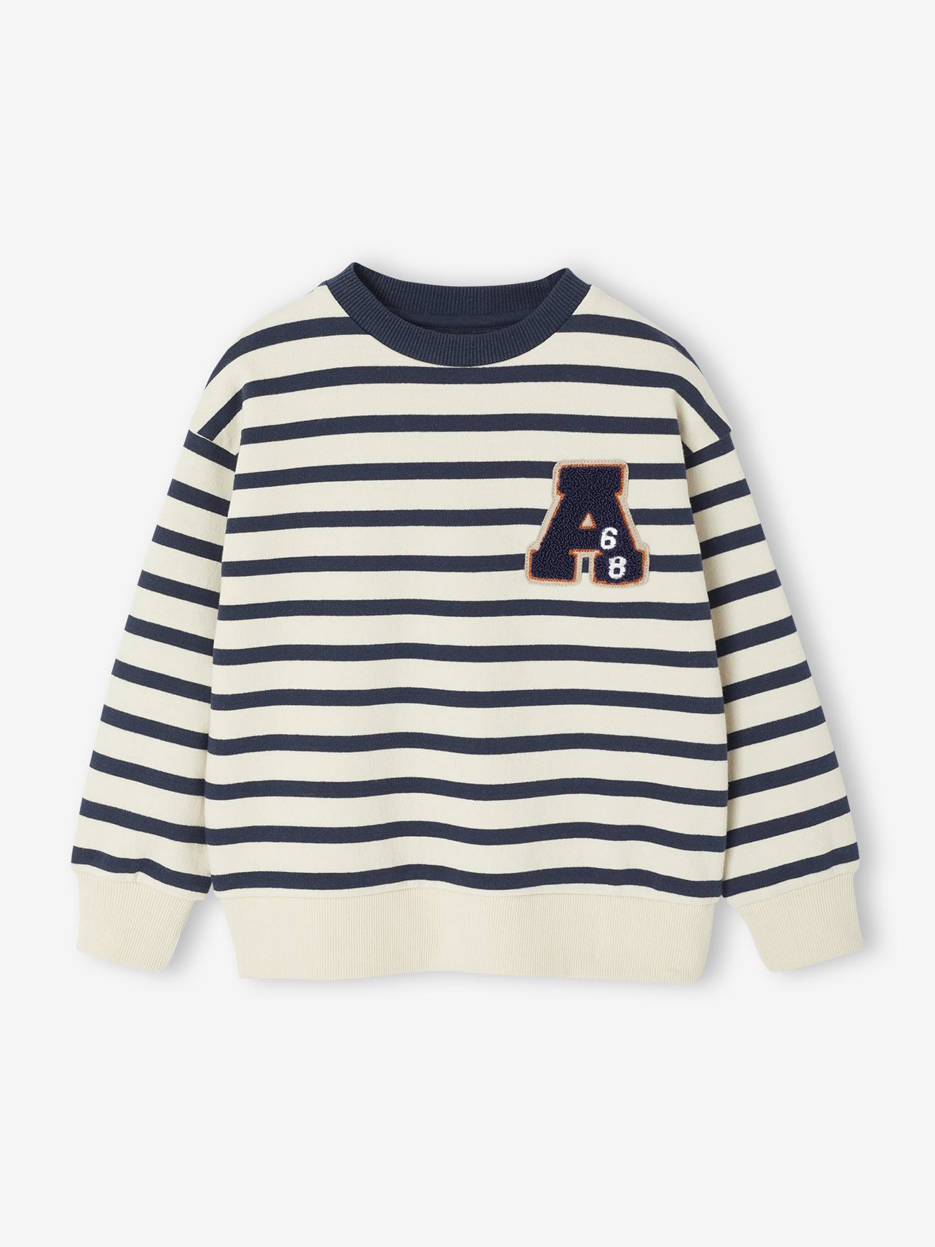 Groot gestreept jongenssweatshirt met badge in bouclé blauw, gestreept afbeelding