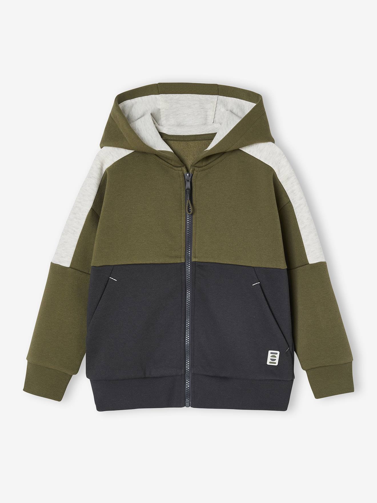 Sportieve sweater met rits en capuchon, colourblock effect, jongens kaki afbeelding