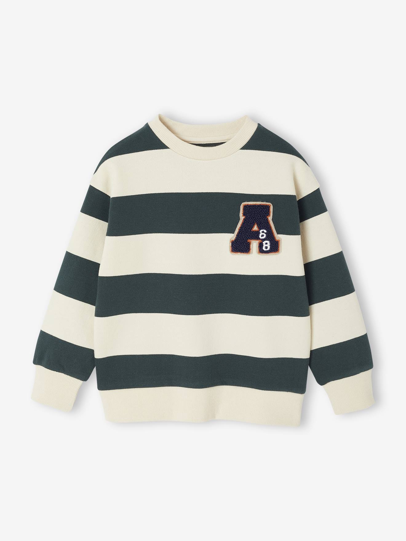 Groot gestreept jongenssweatshirt met badge in bouclé groen, gestreept afbeelding