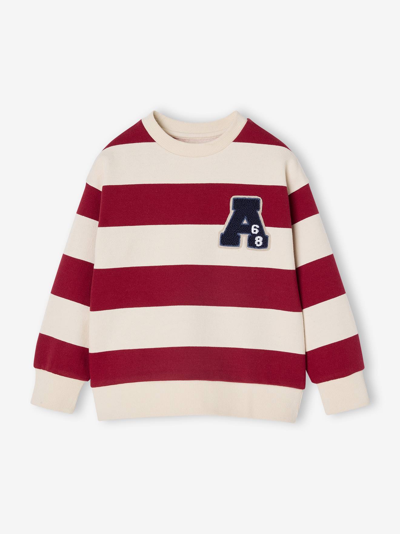 Groot gestreept jongenssweatshirt met badge in bouclé rood, gestreept afbeelding