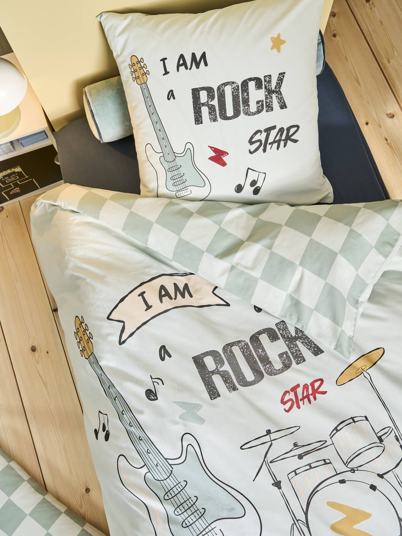 Bedset dekbedovertrek + kussensloop kind ROCK MUSIC saliegroen afbeelding