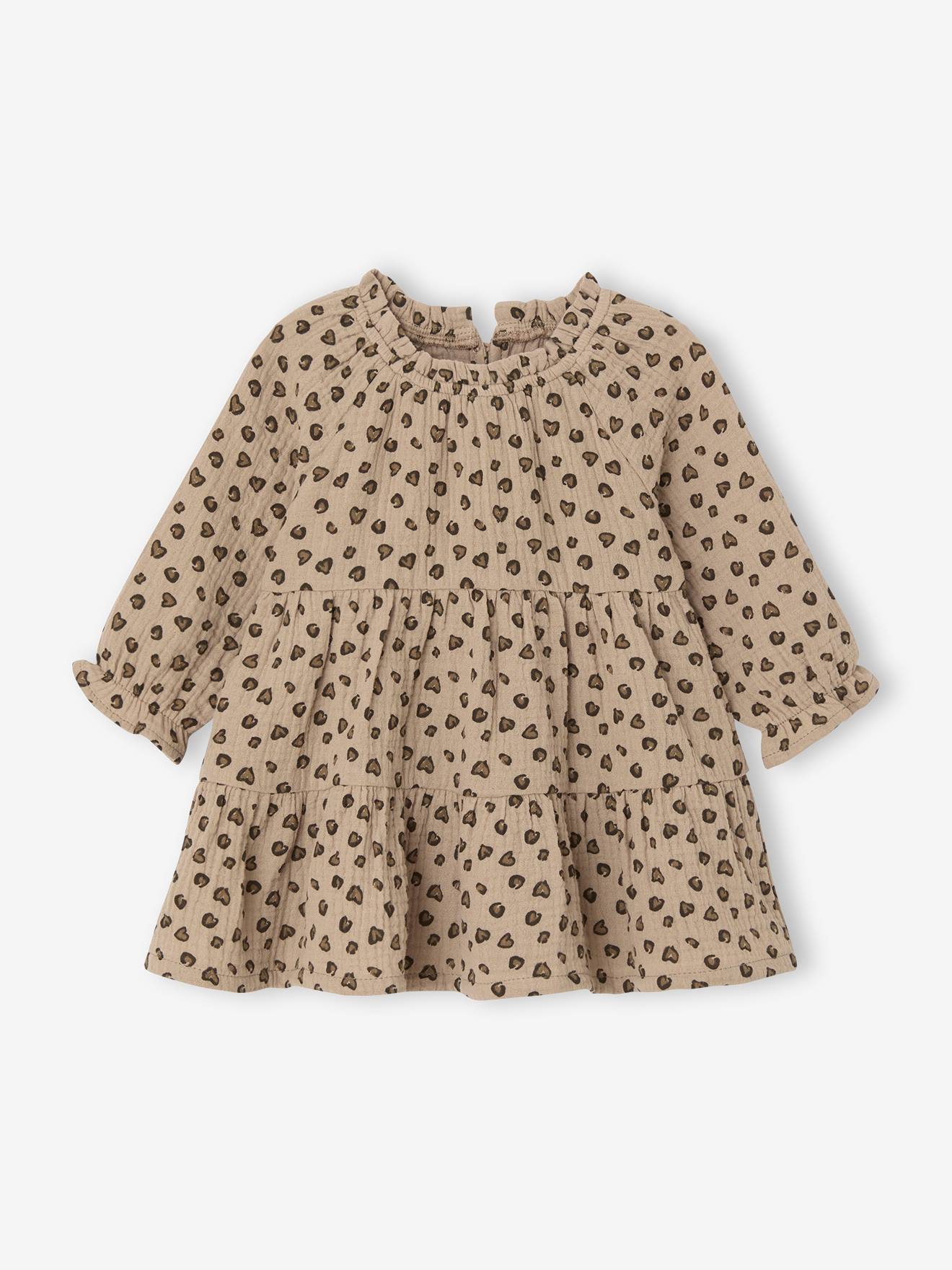 Jurk voor babymeisjes met ruches van katoengaas taupe afbeelding