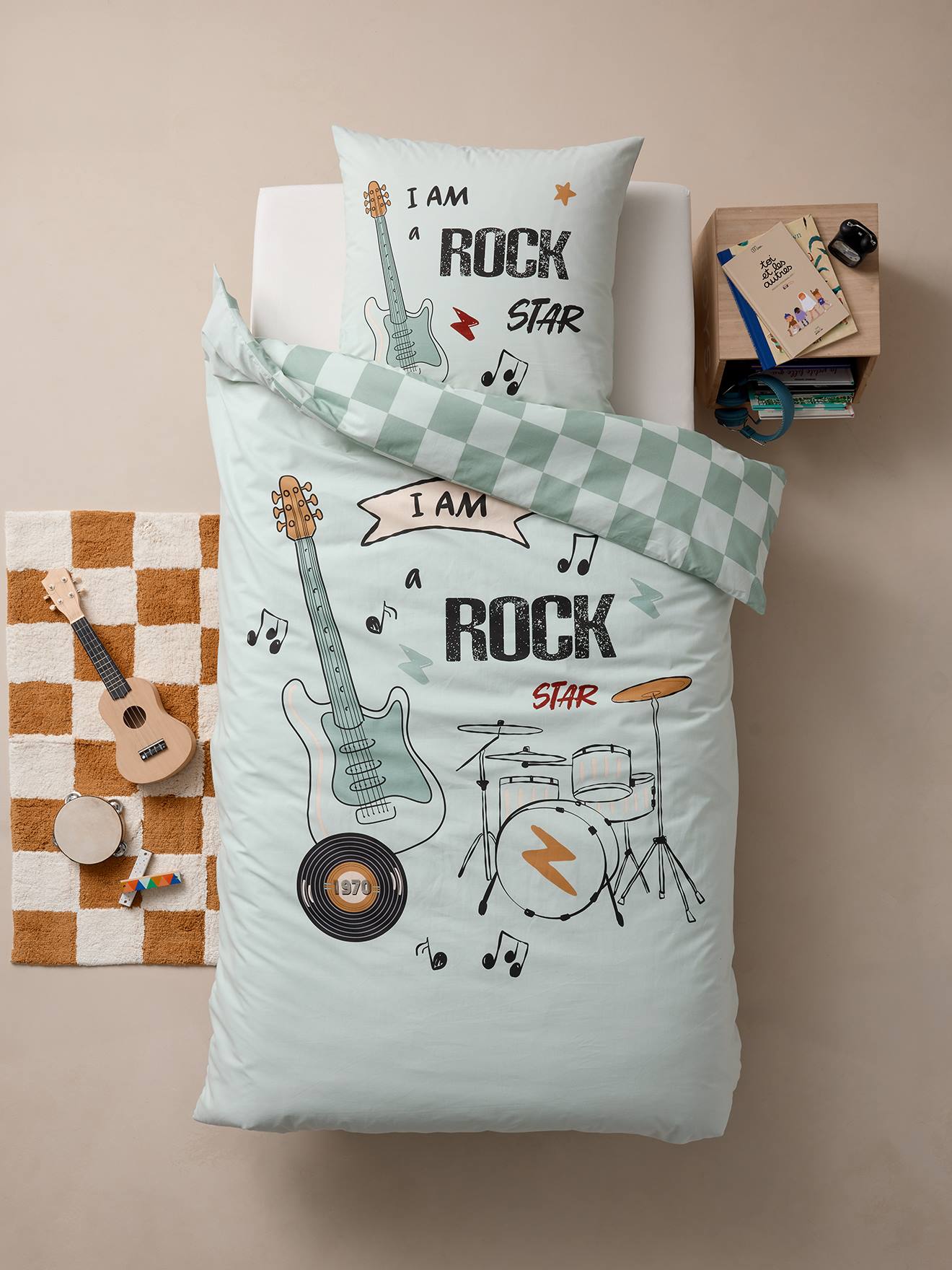 Bedset dekbedovertrek + kussensloop kind ROCK MUSIC saliegroen afbeelding