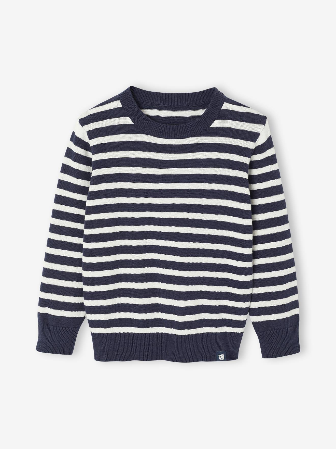 Basic trui met ronde hals en lange mouwen voor jongens blauw, gestreept afbeelding