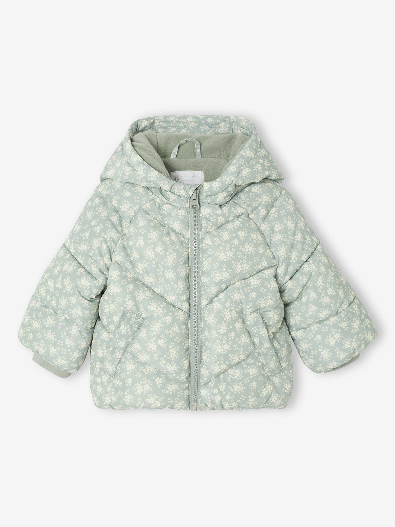 Donsjack baby met print en capuchon saliegroen afbeelding