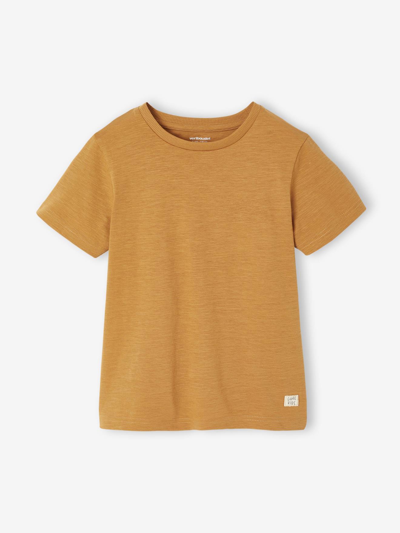 Personaliseerbare gekleurd jongensshirt met korte mouwen okergeel afbeelding