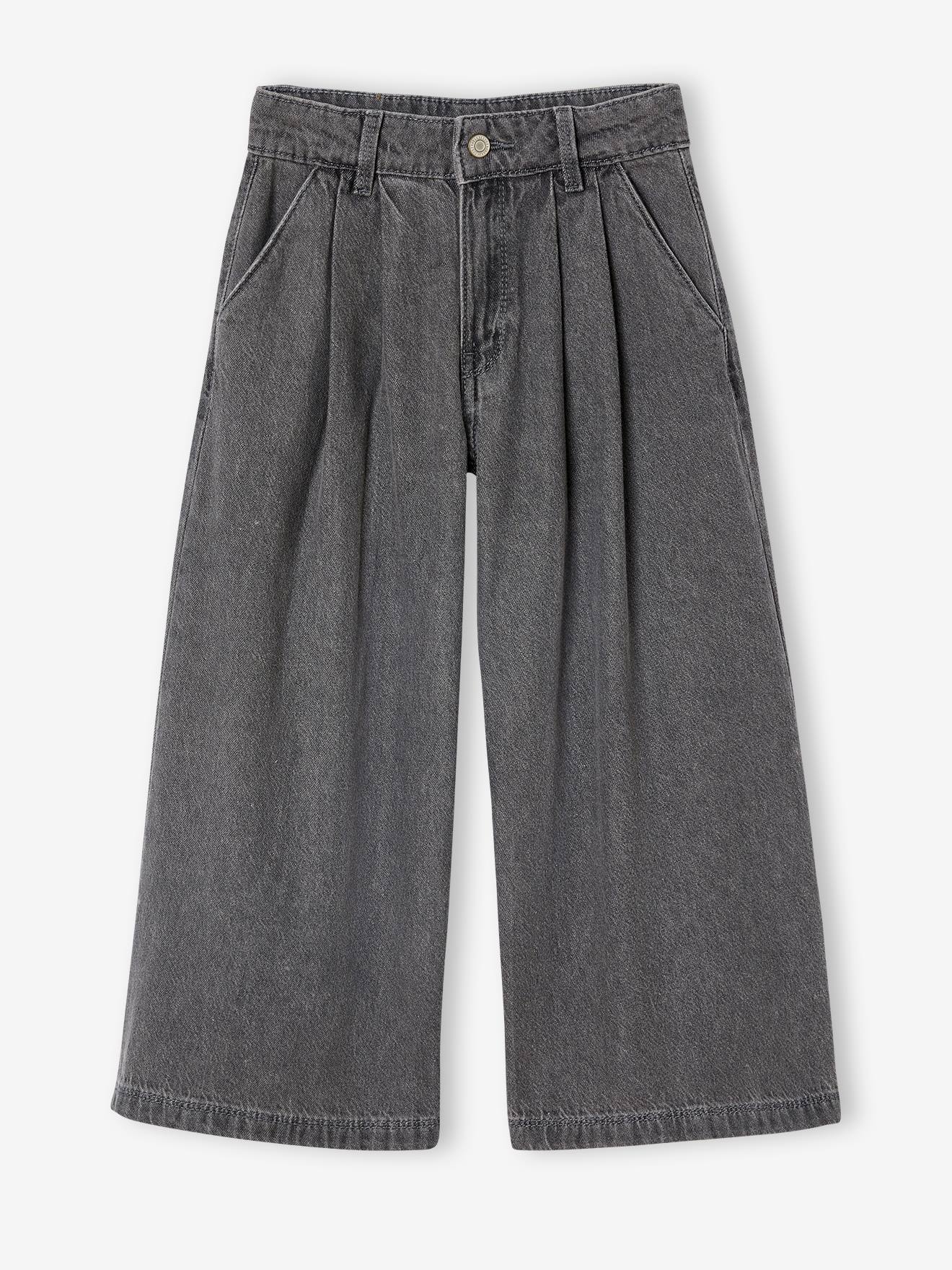 Wijde jeans met plooien voor meisjes denimgrijs afbeelding