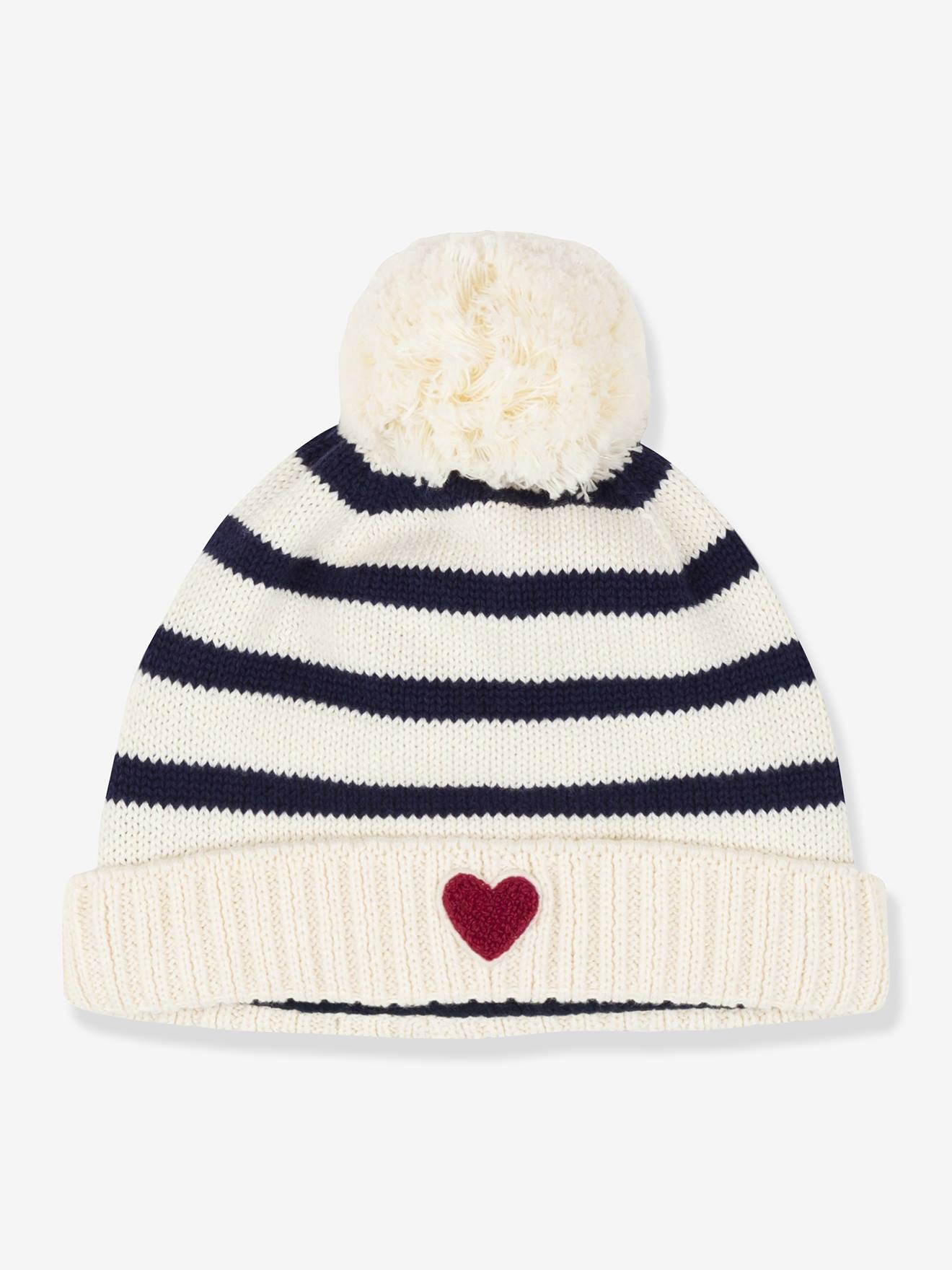 Gestreepte babymuts van gebreid tricot met fleecevoering PETIT BATEAU marineblauw afbeelding