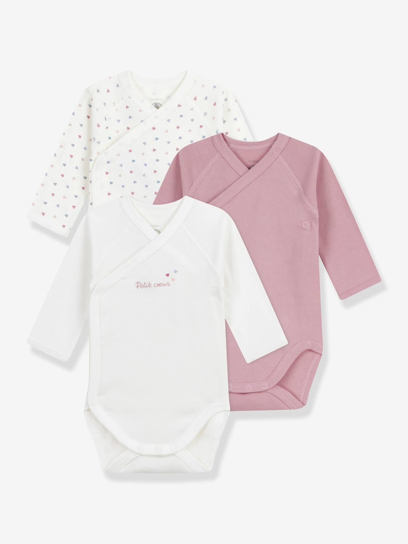 Set van 3 overslagbody's van bedrukt katoen voor baby's PETIT BATEAU rozen afbeelding