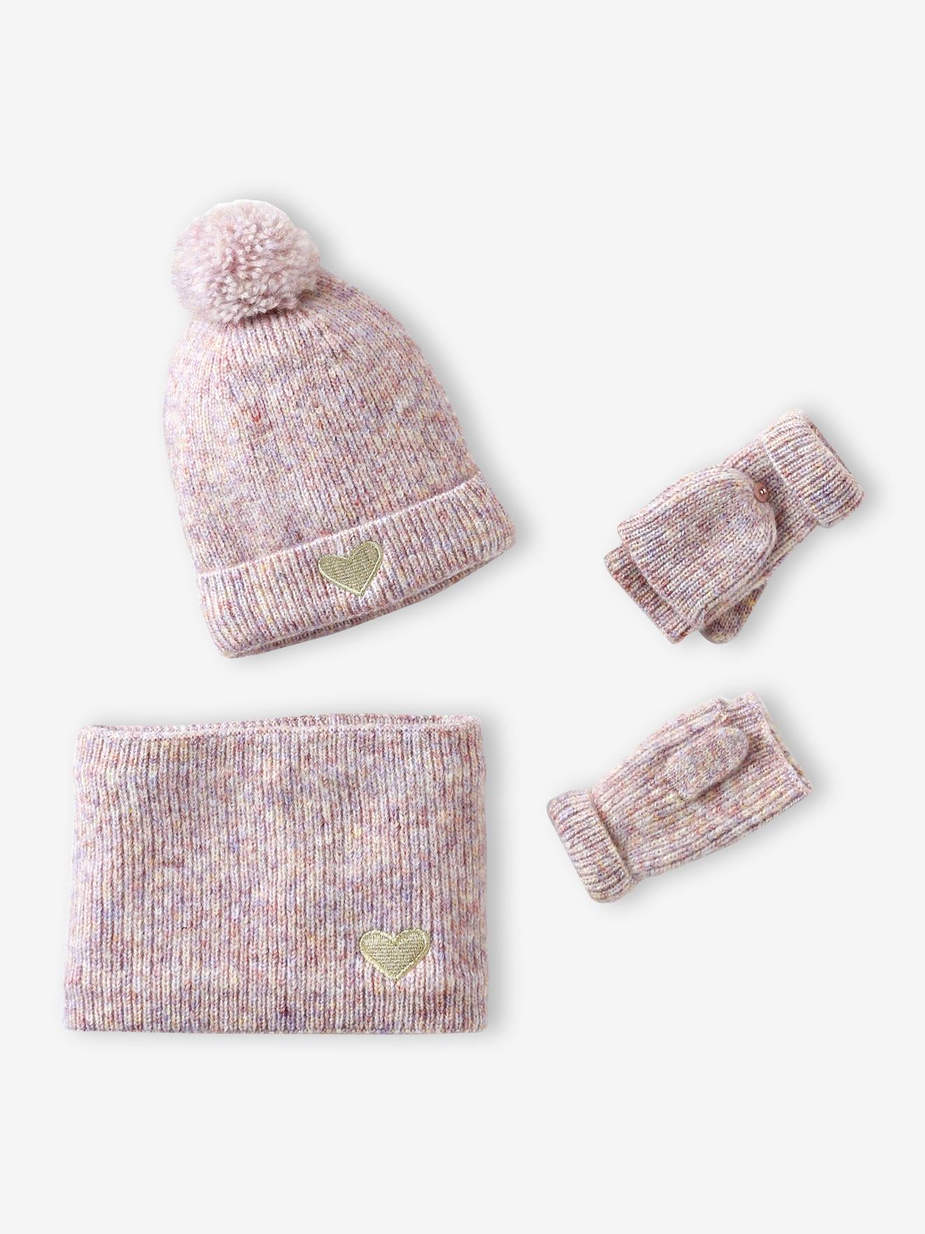 Meisjes set muts > + snood + wanten/handschoenen roze (poederkleur) afbeelding