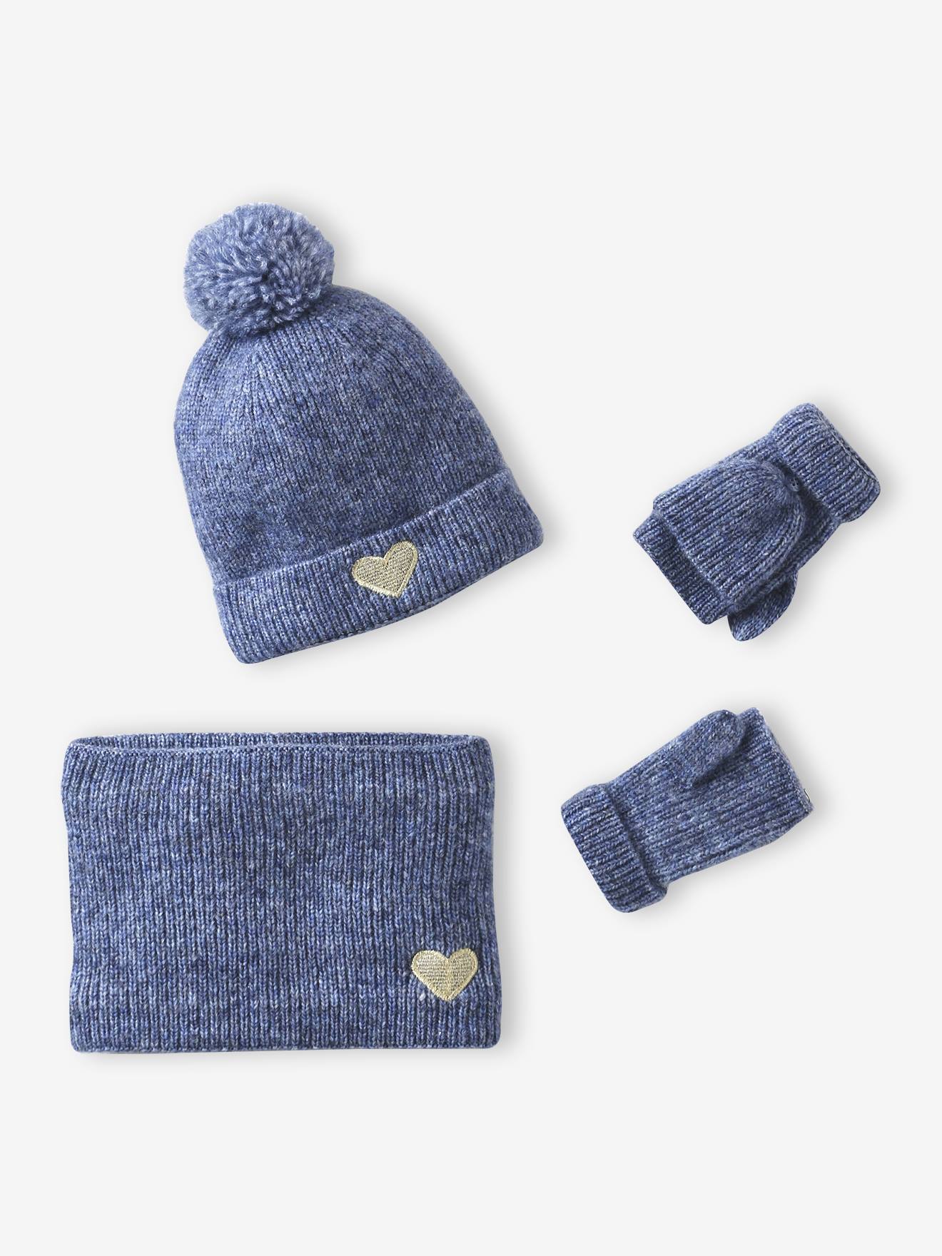 Meisjes set muts > + snood + wanten/handschoenen marineblauw afbeelding
