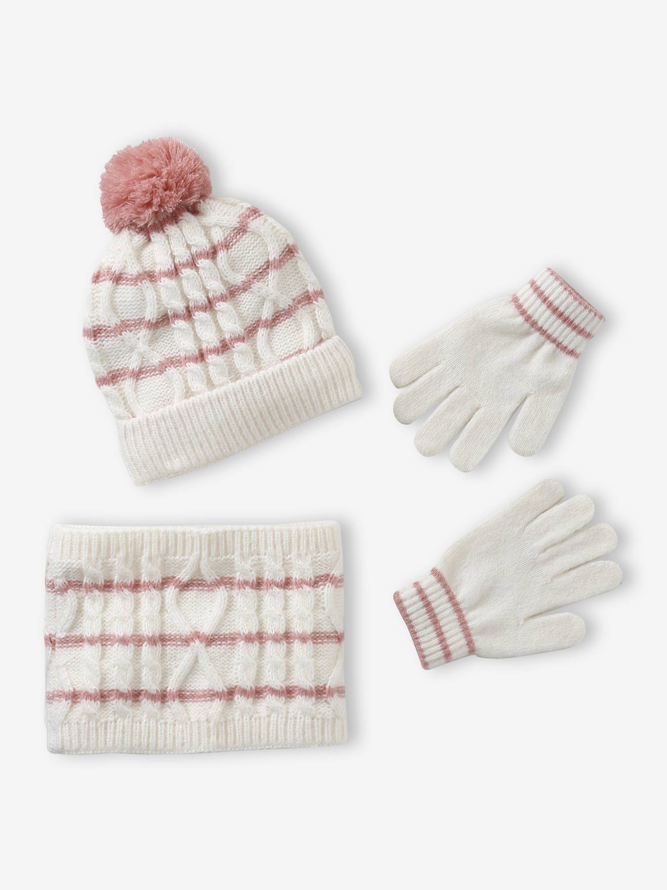 Gevlochten set voor meisjes muts + snood + wanten/handschoenen ecru afbeelding