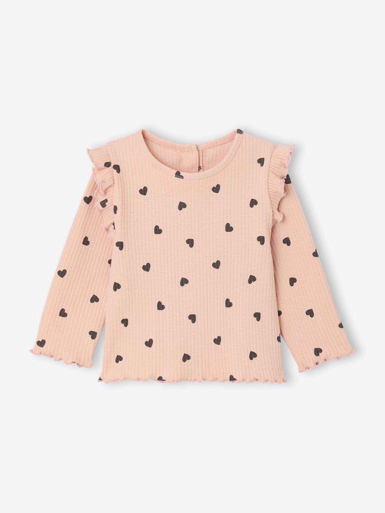 T-shirt van ribstof met mouwen met ruches meisjesbaby roze (poederkleur) afbeelding