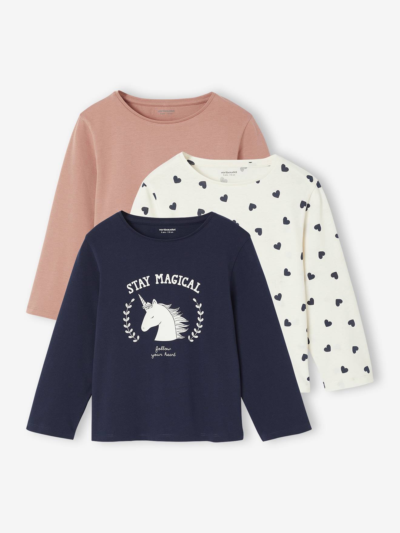 Set van 3 BASICS meisjesshirts met lange mouwen roze (poederkleur) afbeelding