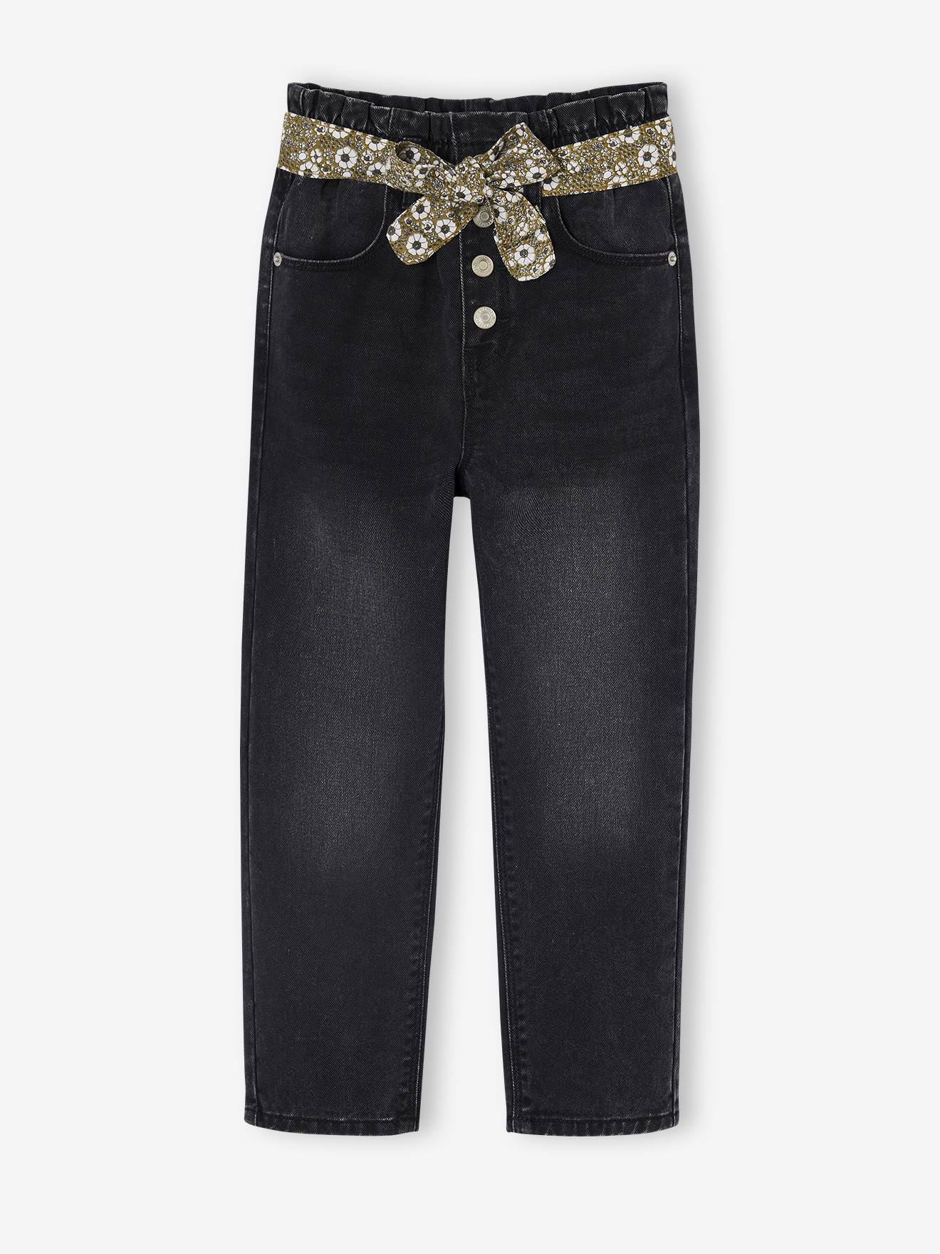 Paperbag jeans met bloemenriem voor meisjes zwart afbeelding