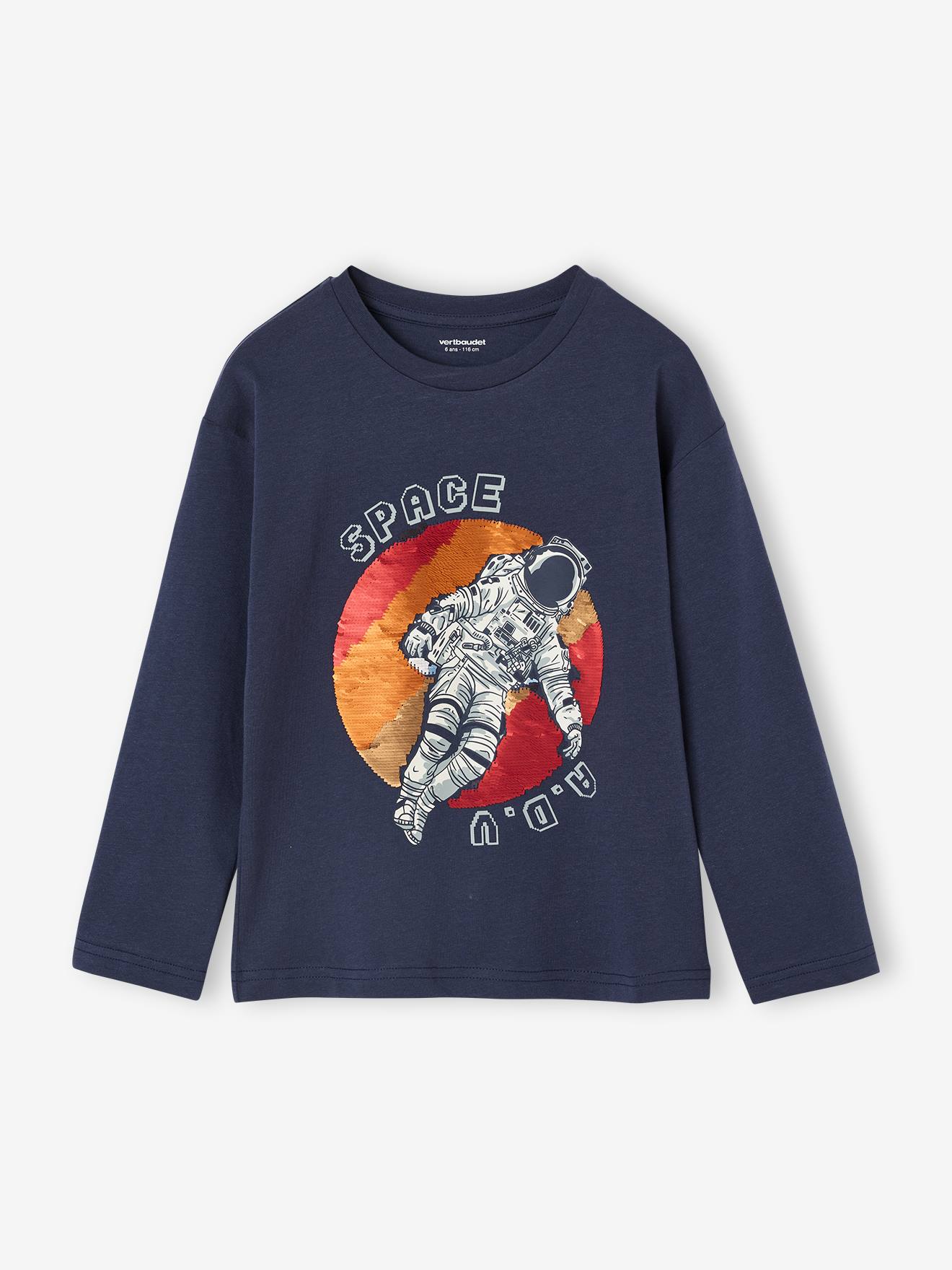 T-shirt jongens lange mouwen omkeerbare pailletten marineblauw afbeelding
