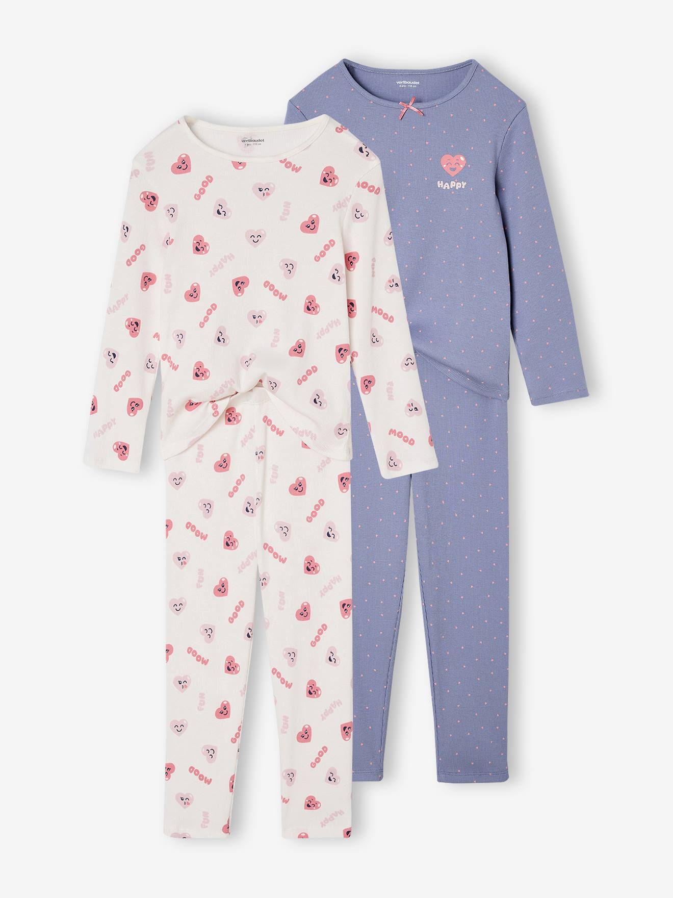 Set van 2 pyjama's in ribstof met hartenprint voor meisjes marineblauw afbeelding