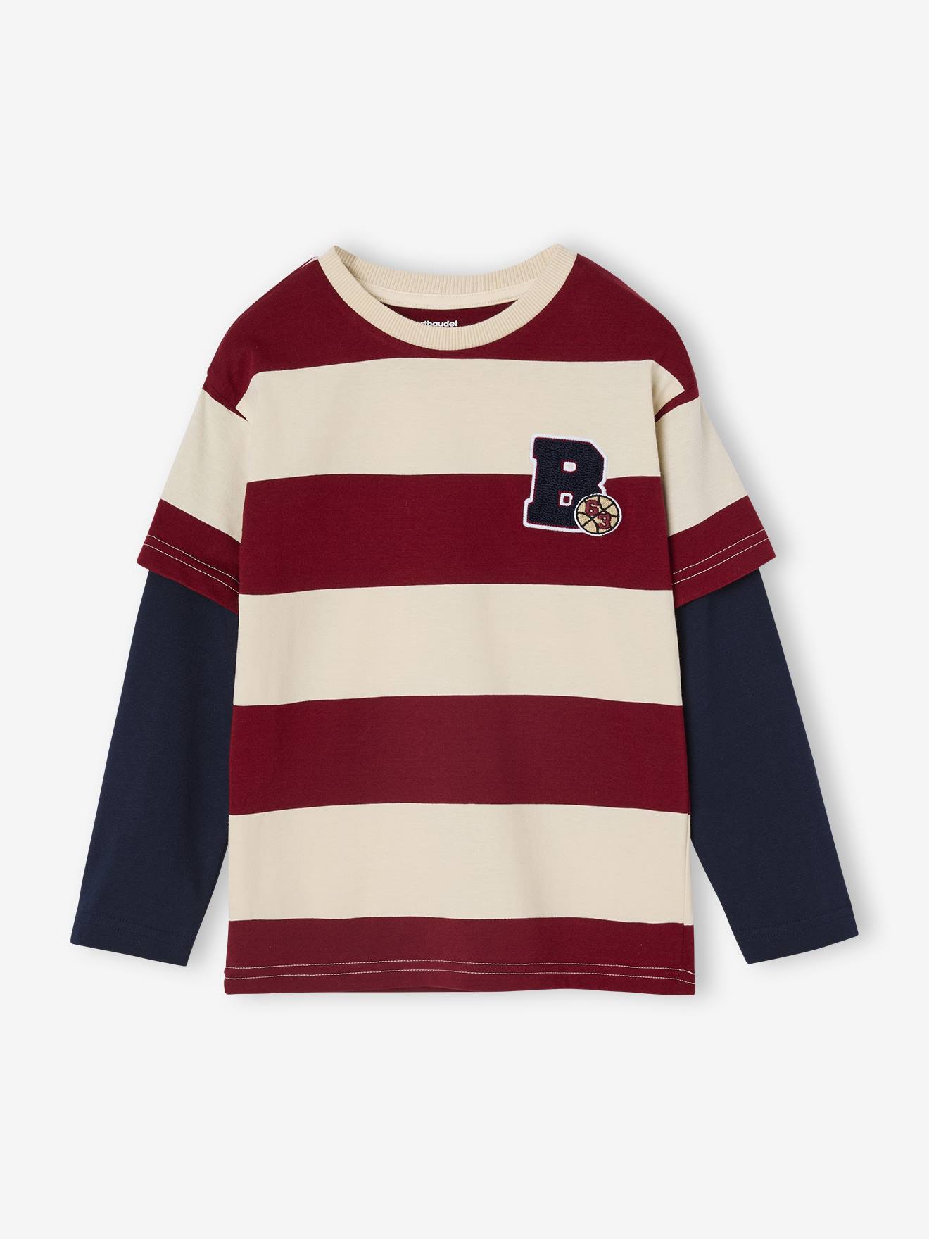Gestreept T-shirt met dubbele mouweffect rood, gestreept afbeelding