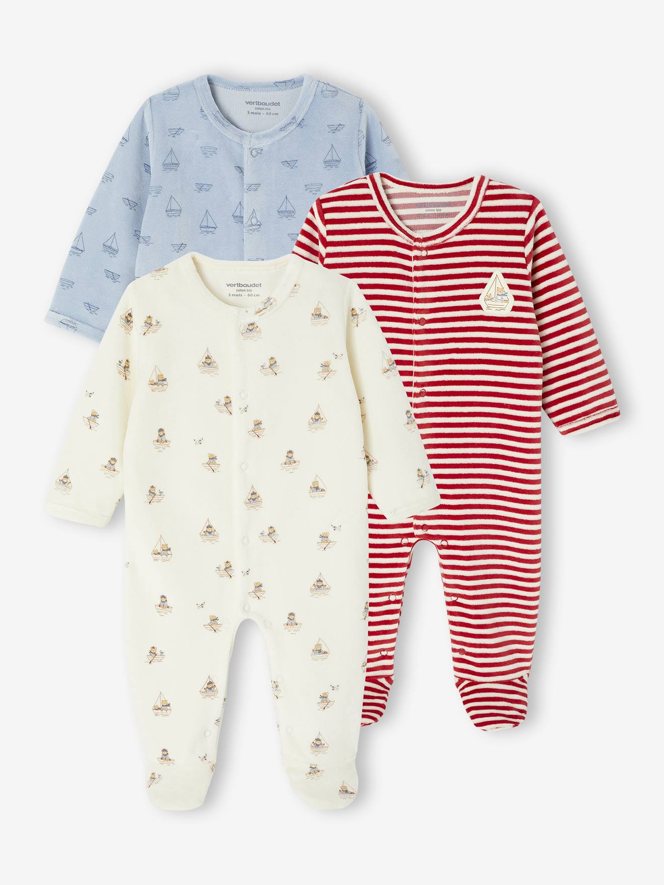 Set van 3 babyslaappakjes voor pasgeboren in fluweel / velours nachtblauw afbeelding