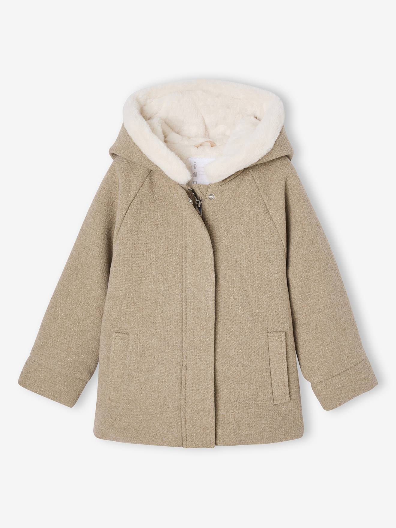 Mantel met capuchon van wollen stof voor meisjes gemêleerd beige afbeelding