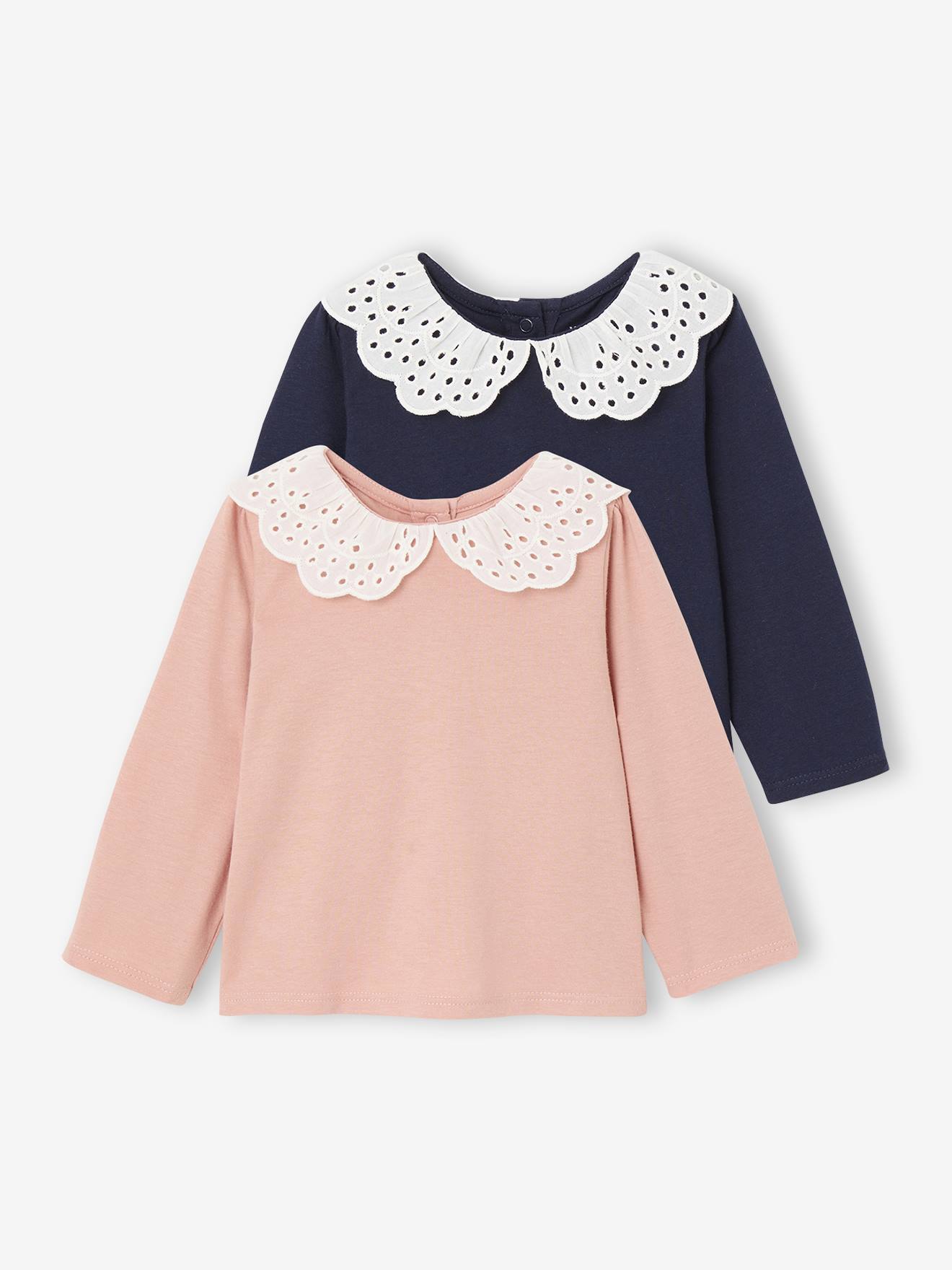 Set van 2 t-shirts baby met kraag van Engels borduurwerk roze (poederkleur) afbeelding