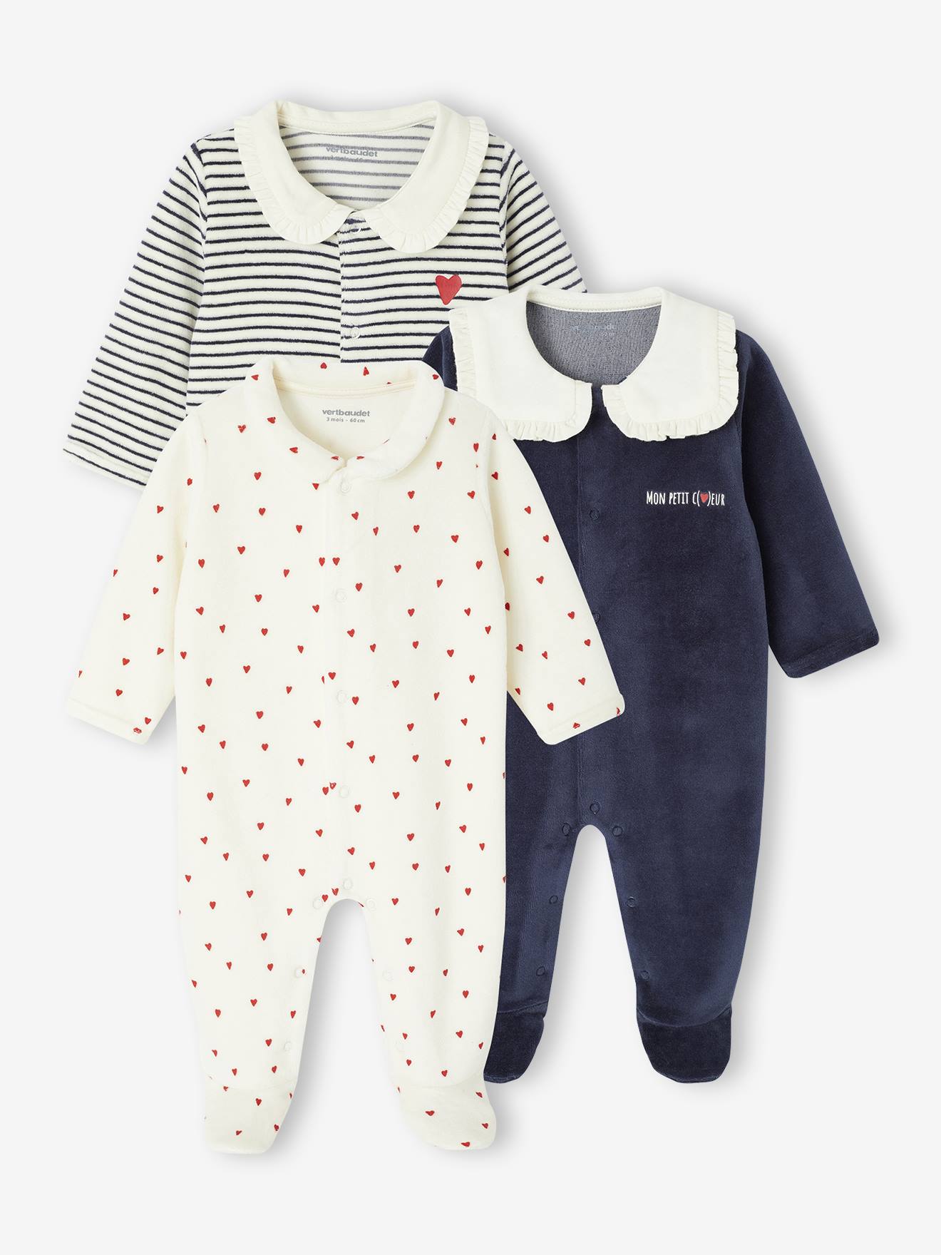 Set van 3 babyslaappakje voor pasgeborenen "coeurs" in fluweel / velours nachtblauw afbeelding