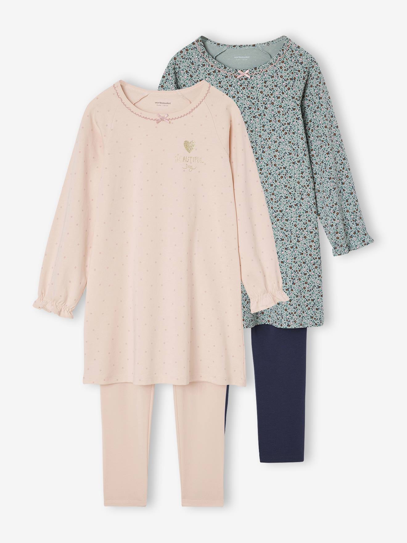 Set van 2 nachtjurk + legging voor meisjes Bloemen lichtroze afbeelding