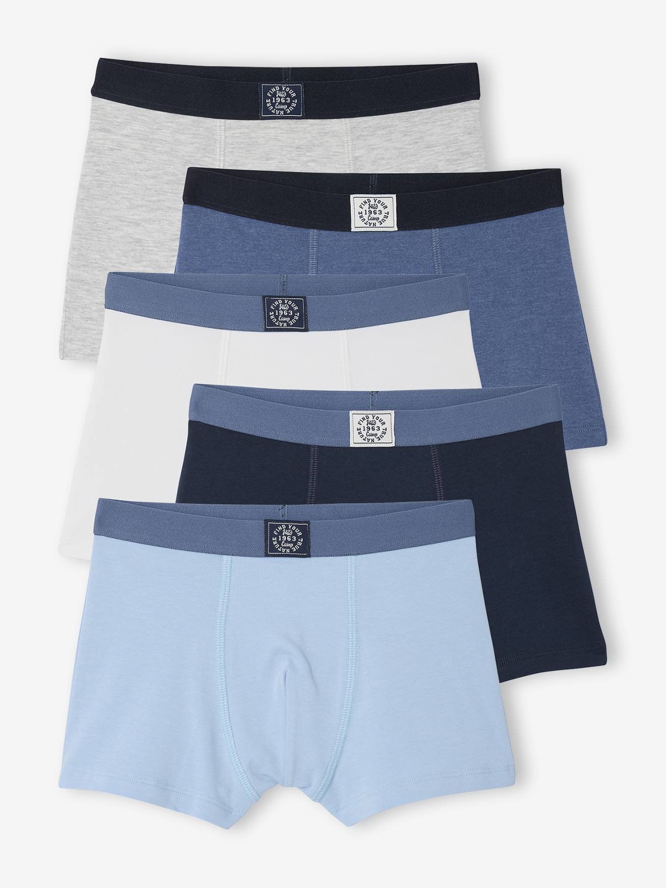 Set van 5 effen boxershorts voor jongens blauw afbeelding