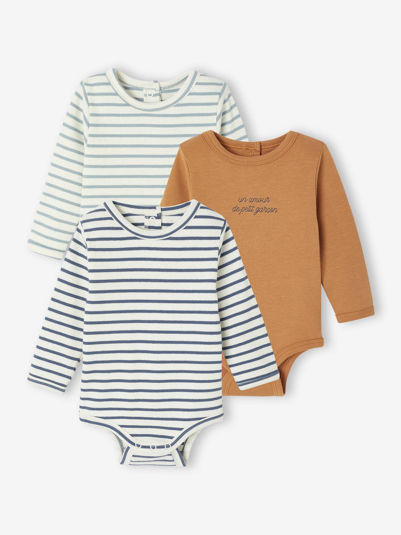 Set van 3 body's voor pasgeborenen van ribgebreid en interlock blauw afbeelding
