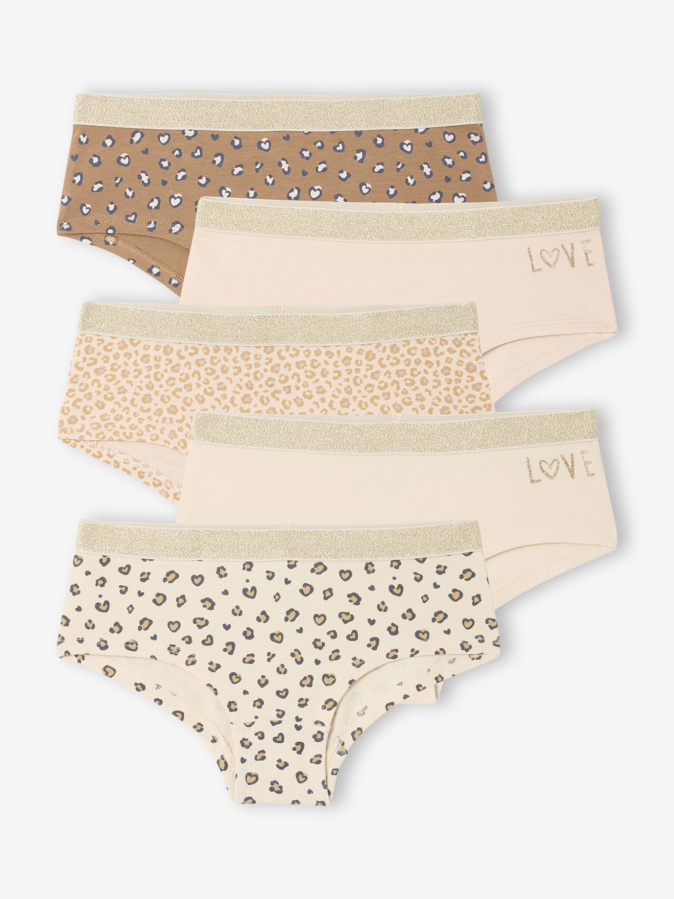 Set van 5 shorty's voor meisjes met luipaardprint en hartjes ecru afbeelding