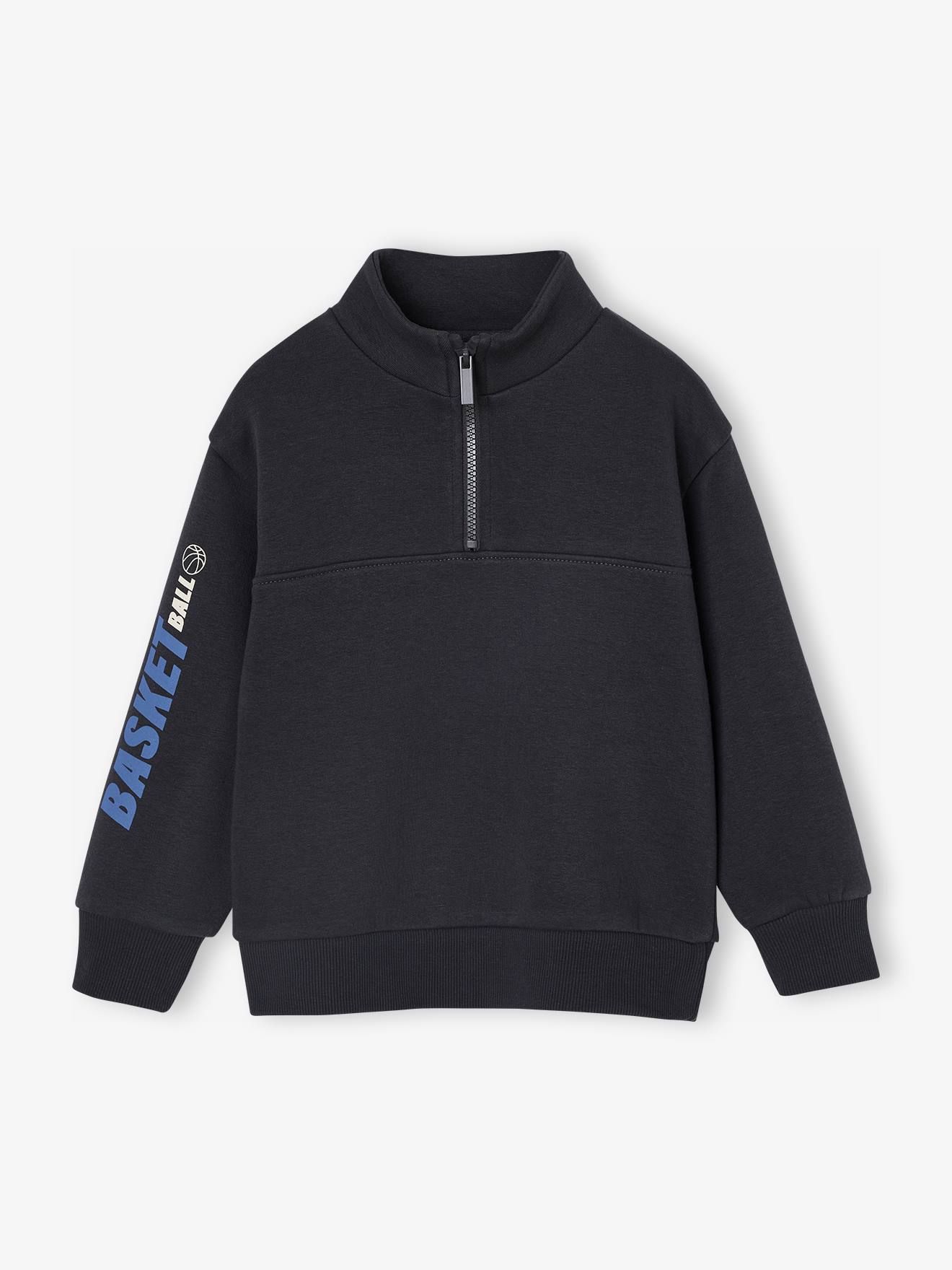 Jongenssweatshirt met truckerskraag en basketbalmotief op de mouw antraciet afbeelding