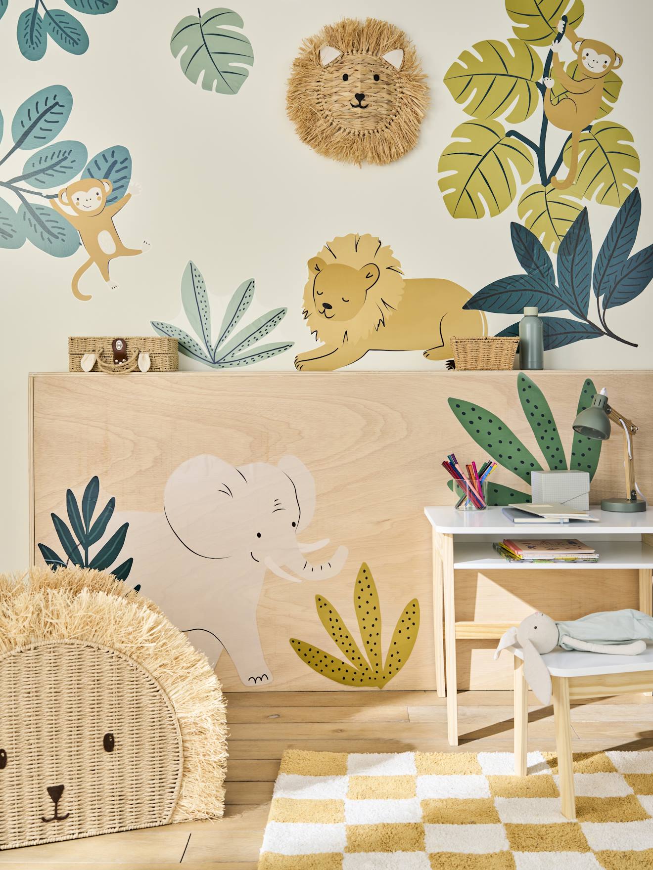 Opbergmand leeuw van papierkoord en raffia beige afbeelding