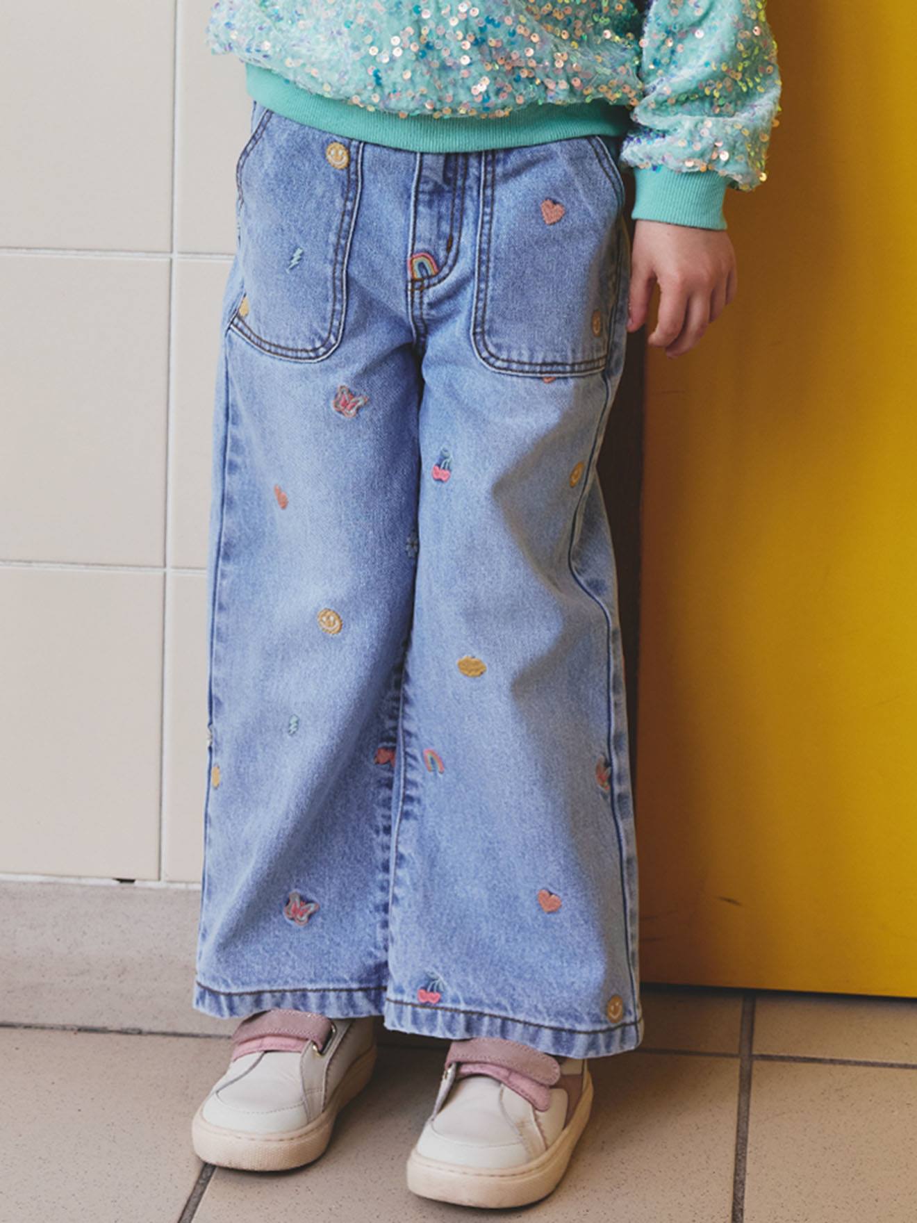 Geborduurde wijde jeans met fantasiepatronen voor meisjes lichtblauw afbeelding