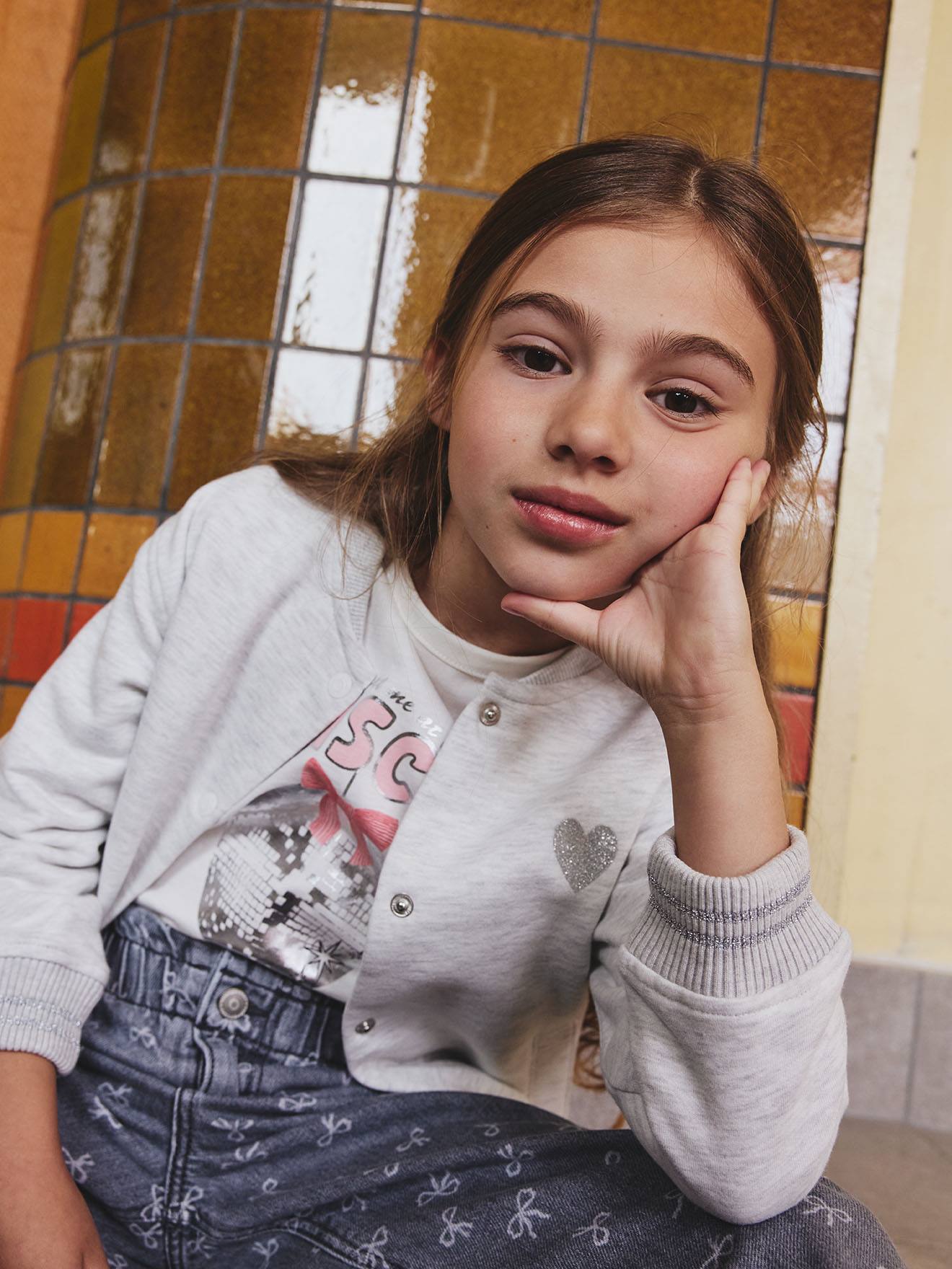 Sweater in bomberlook voor meisjes van fleece gemêleerd grijs afbeelding
