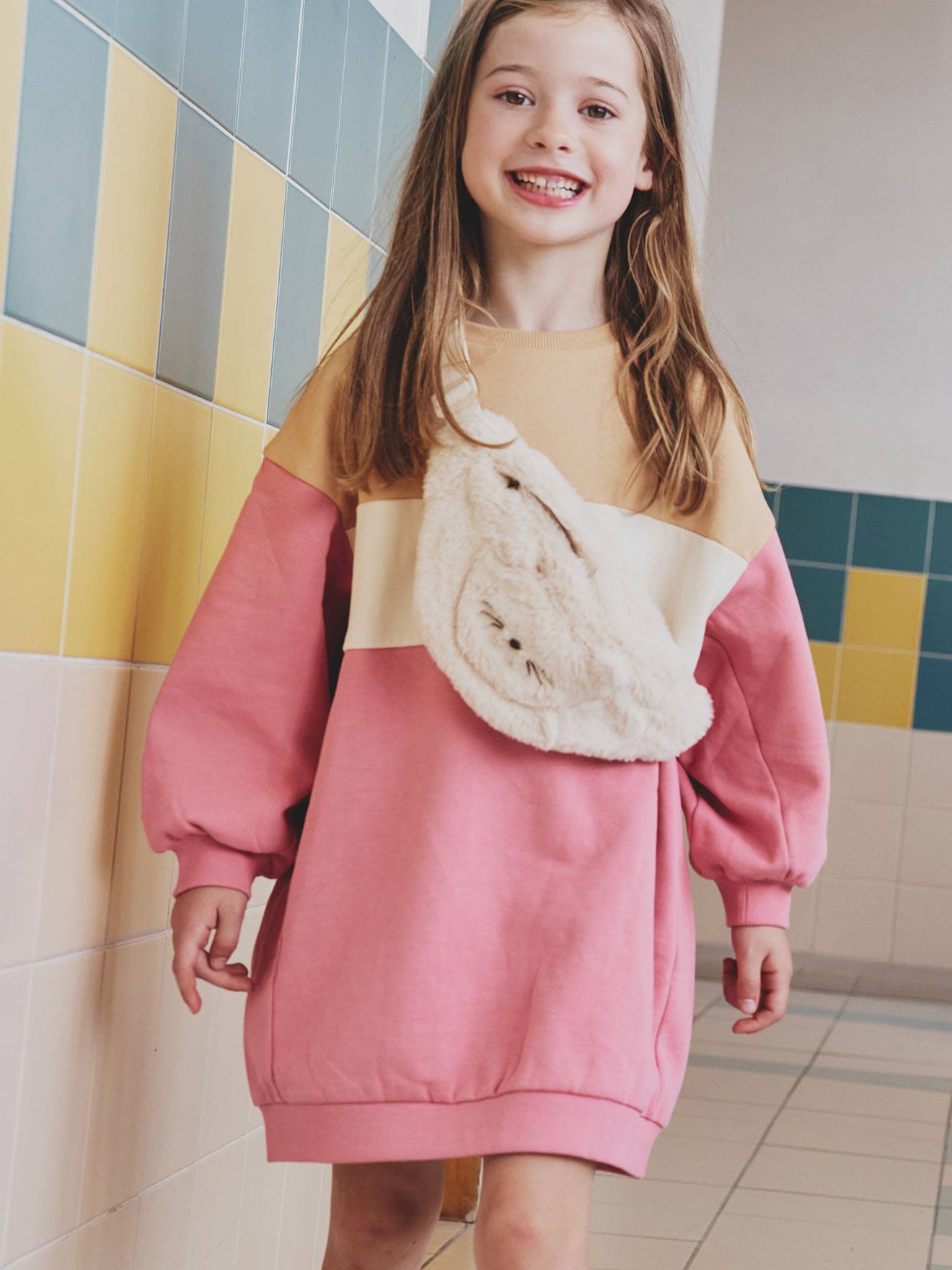 Colorblock jurk van sweaterstof voor meisjes rozen afbeelding