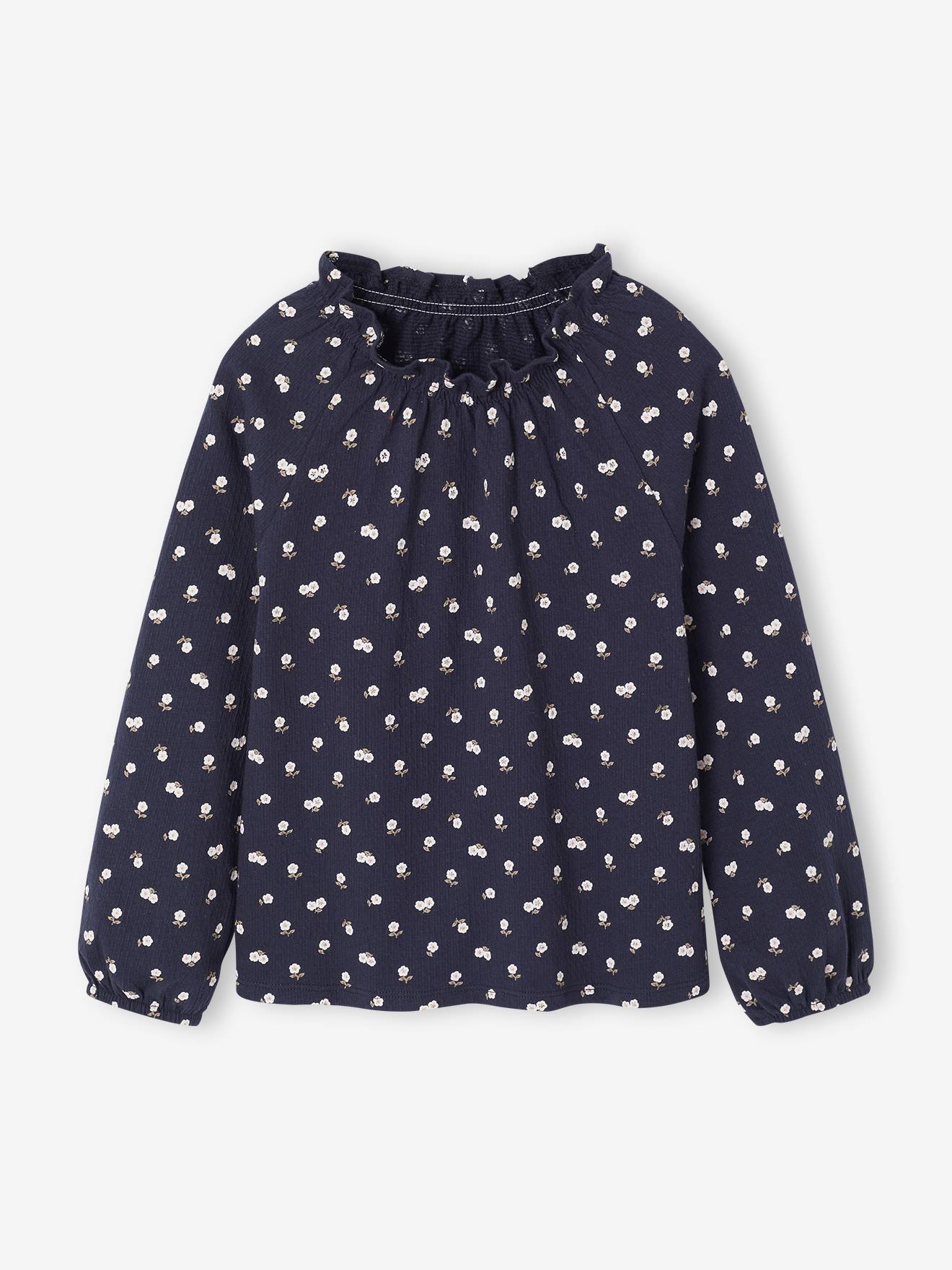 T-shirt met ruches en elastische kraag voor meisjes marineblauw afbeelding