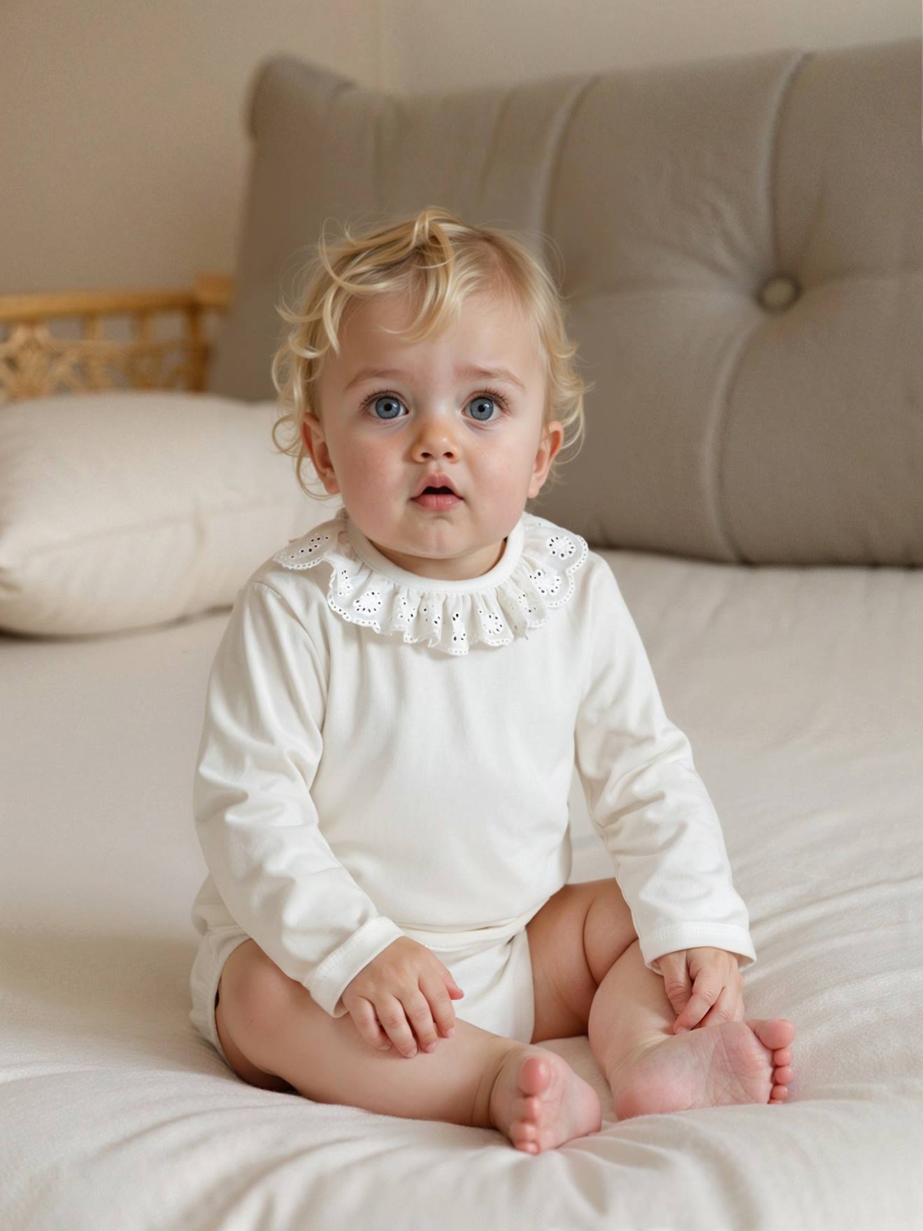 Babyromper met kraagje van Engels borduurwerk en lange mouwen ecru afbeelding