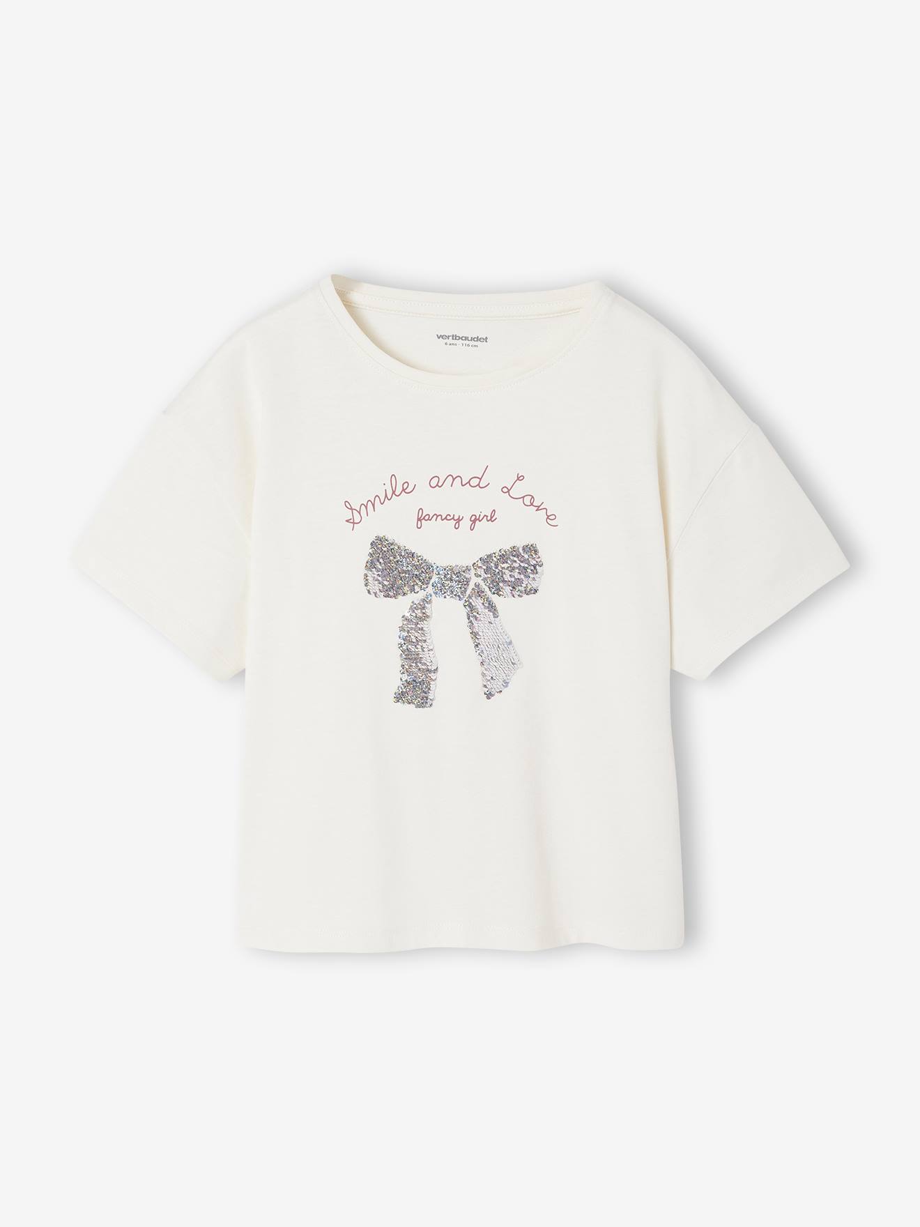 T-shirt met afbeelding, omkeerbare pailletten en korte mouwen voor meisjes ecru afbeelding
