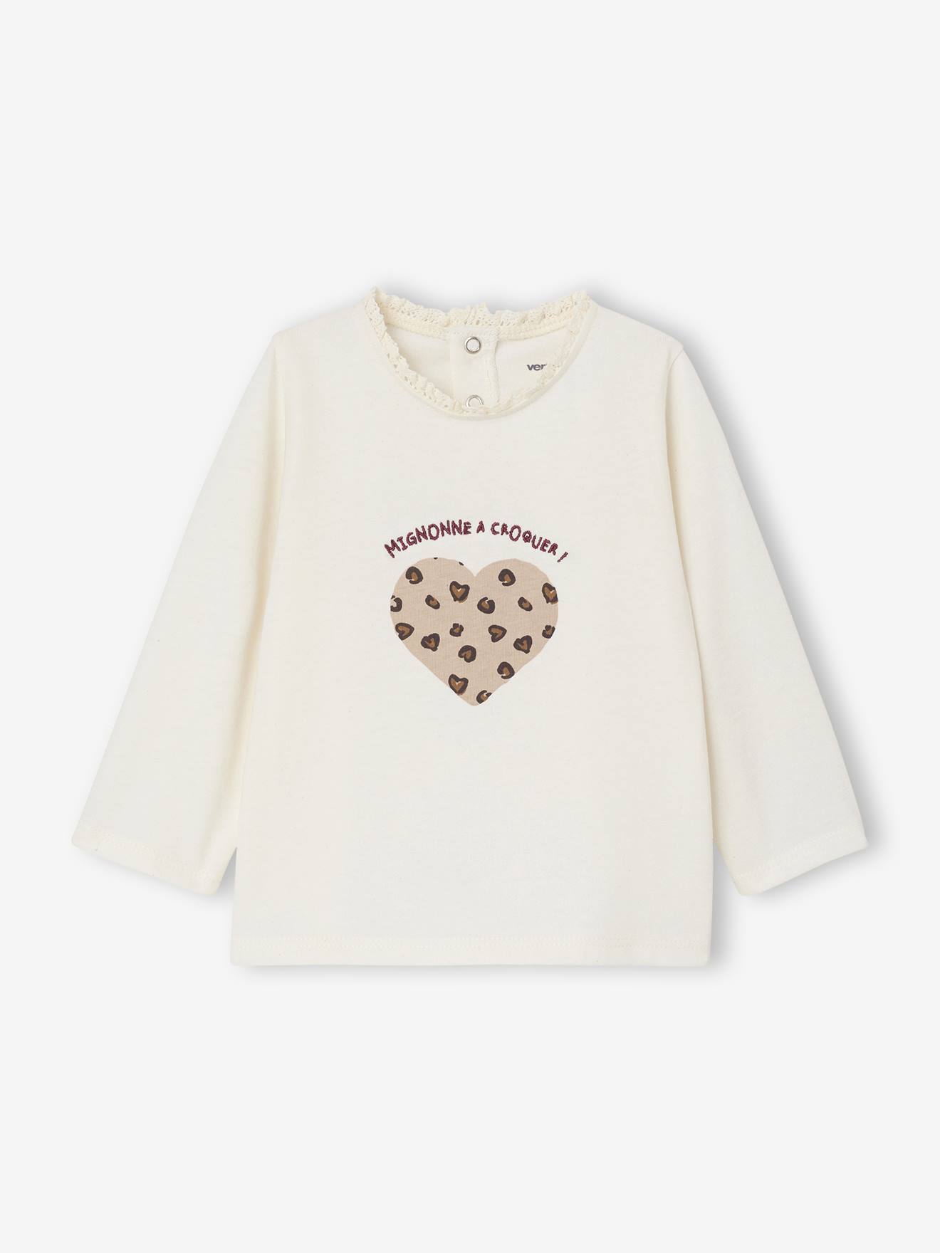 T-shirt baby met lange mouwen en luipaardhartmotief ecru afbeelding