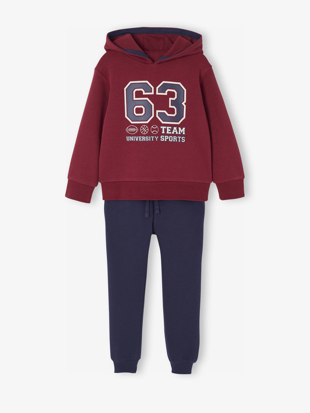 Sportieve set voor jongens met sweater met capuchon en print + effen joggingbroek bordeauxrood afbeelding