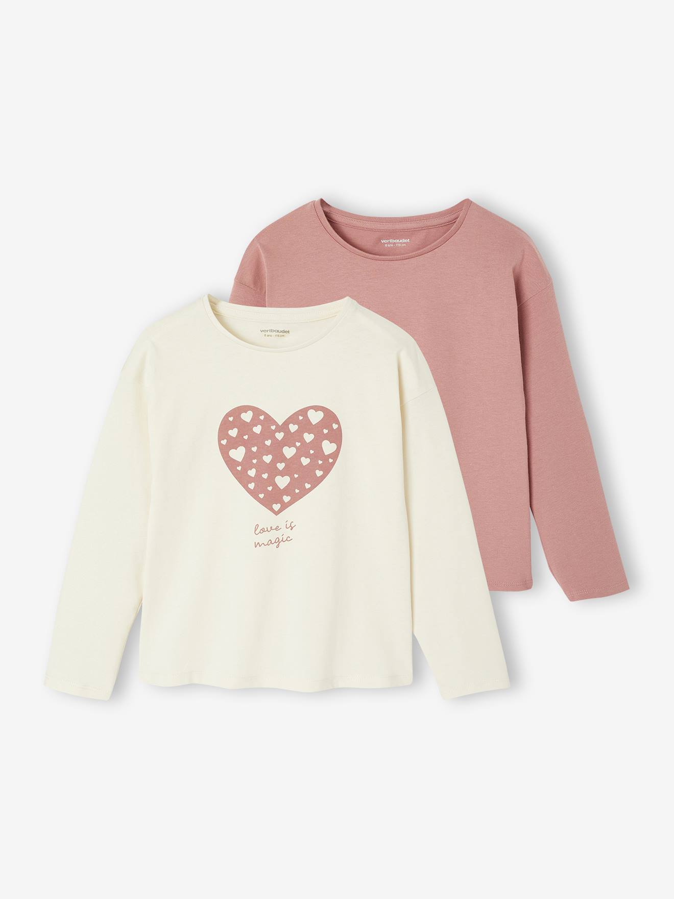 Set van 2 T-shirts BASICS voor meisjes met lange mouwen rozenhout afbeelding