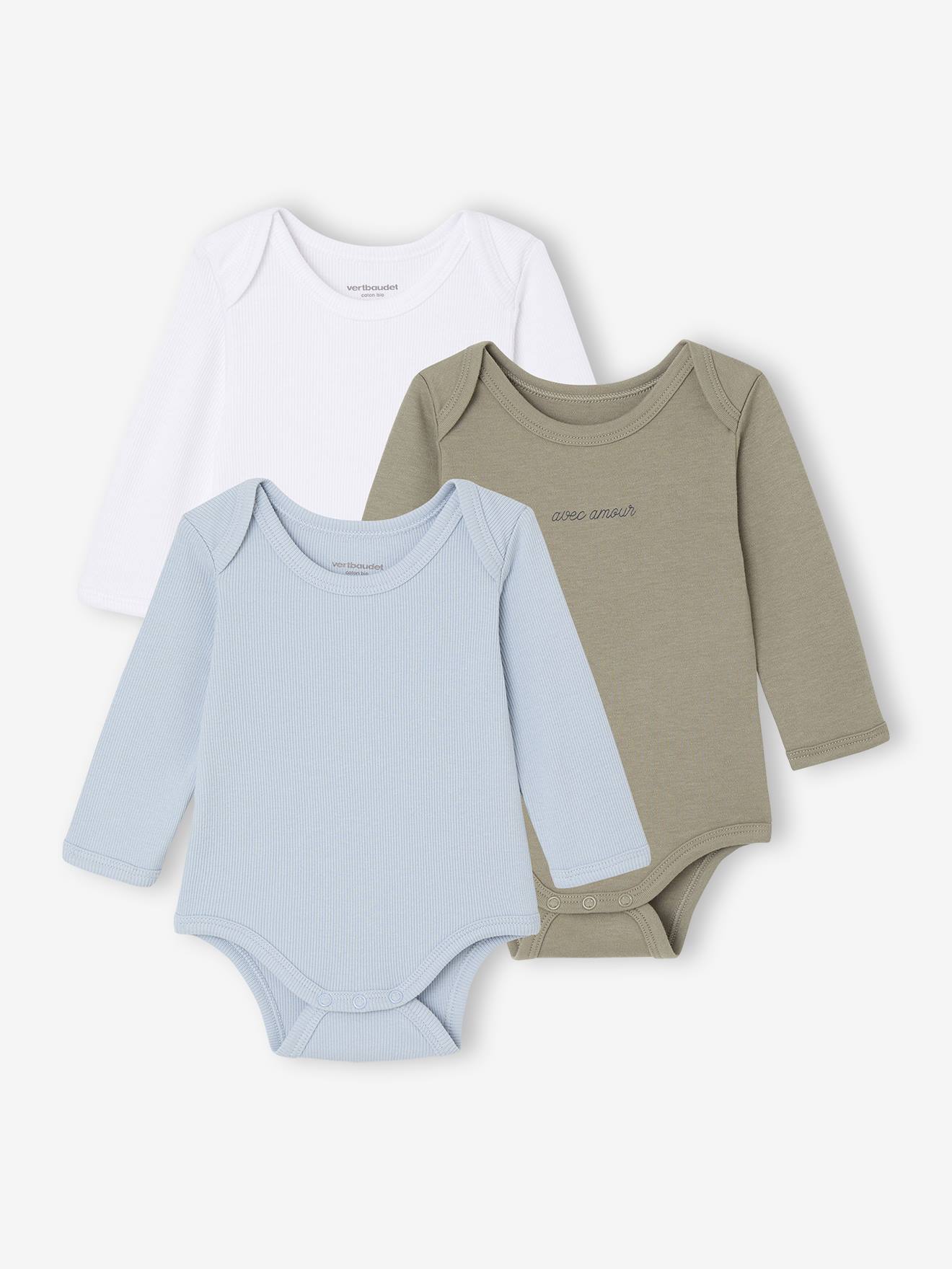 Set van 3 body's voor pasgeborenen van ribgebreide en interlock stof hemelsblauw afbeelding