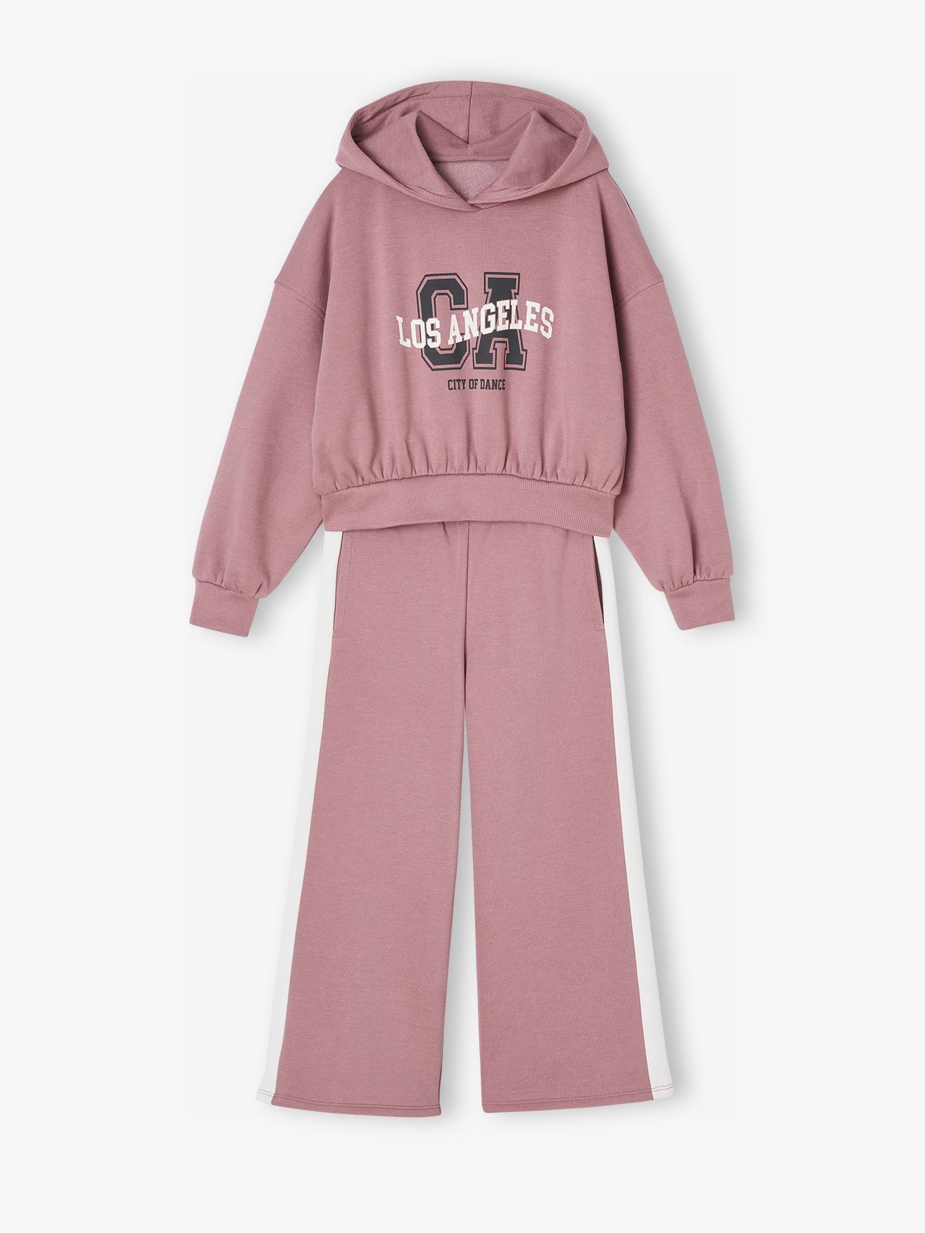 Set met sportieve sweater met capuchon + wijde joggingbroek voor meisjes oudroze afbeelding